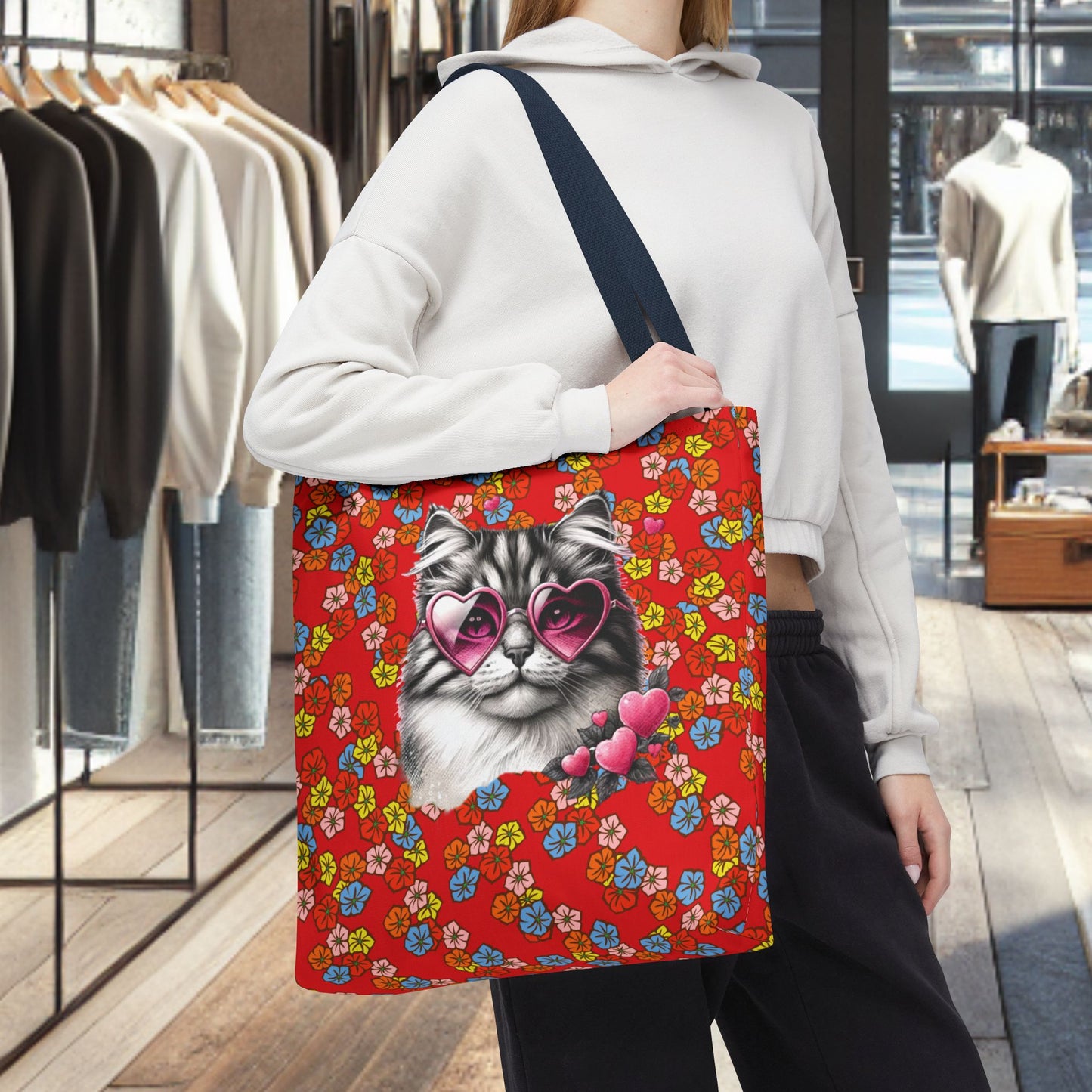 Kitty Ride Tote Bag with Flowered Red Design