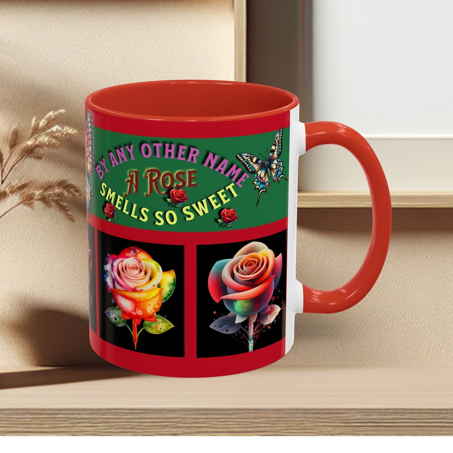 Red Mug - Floral Butterfly Accent Coffee Mug - 'By Any Other Name A Rose Smells So Sweet'