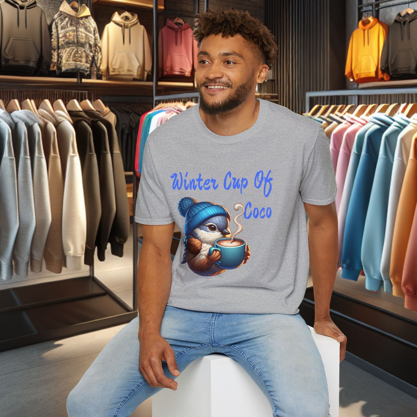 Blue Bird With a Cup Of Coco Unisex T-Shirt - Winter Coco