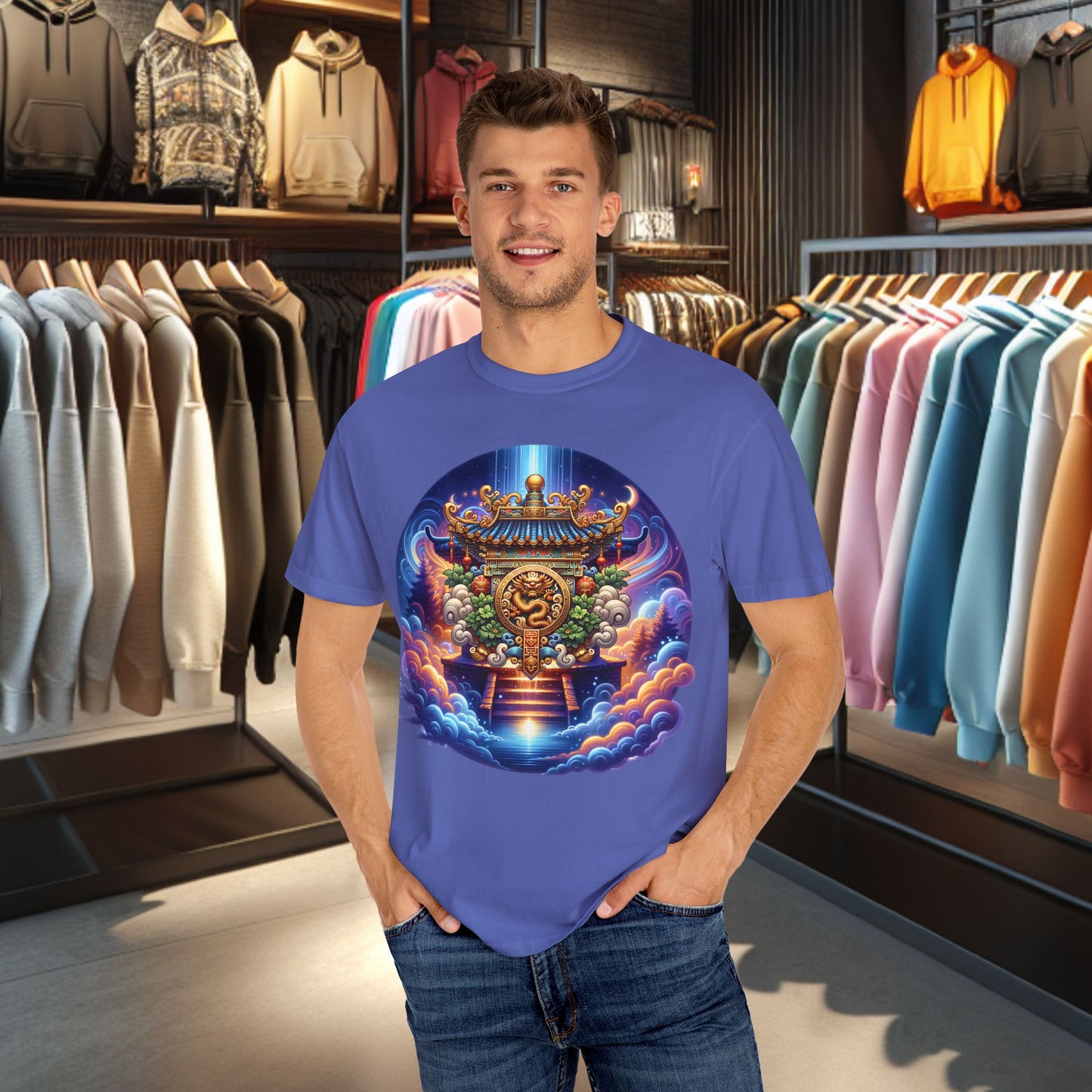 A Vibrant Mistic Temple Design -Unisex Garment-Dyed T-Shirt Perfect for Festivals & Everyday Wear