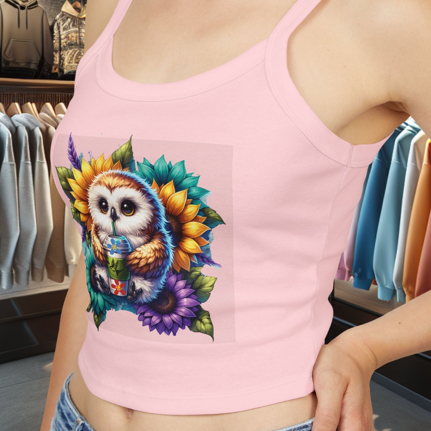 Owl With a Water Bottle Floral Tank Top - Women's Spaghetti Strap