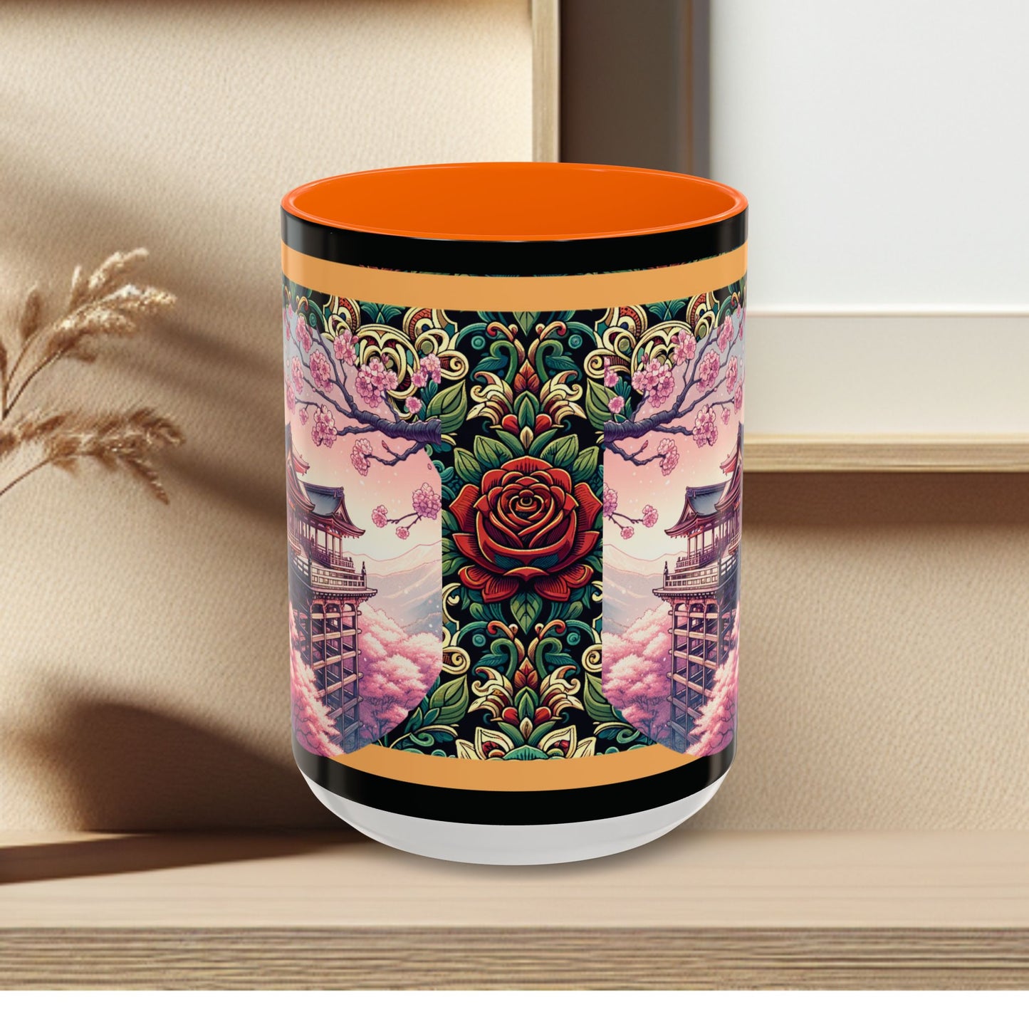 Mug - Sakura Butterfly Coffee Mug with Cherry Blossoms and a Rose