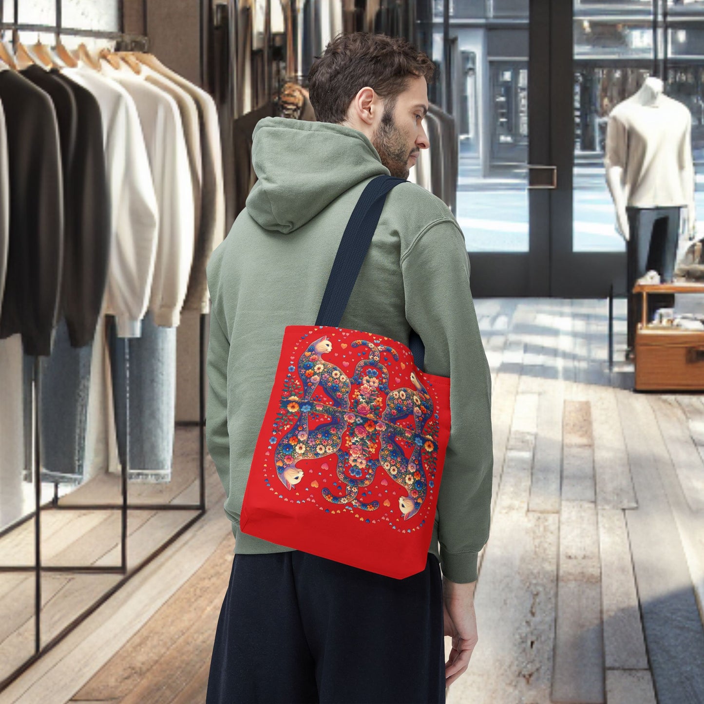 Loving Cat Flower Mozaic Tote Bag Dark Red