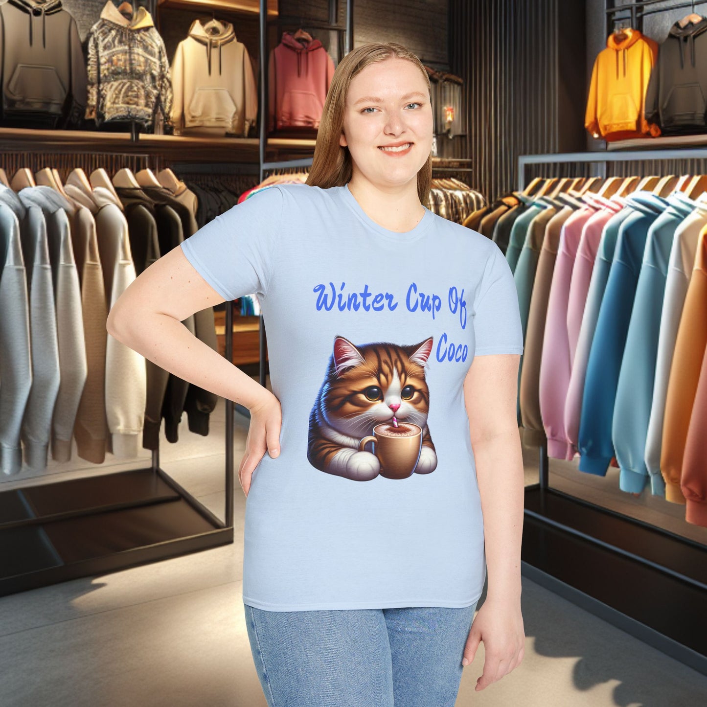 a Cat Sipping on a Cup Of Coco Unisex T-Shirt - Winter Coco
