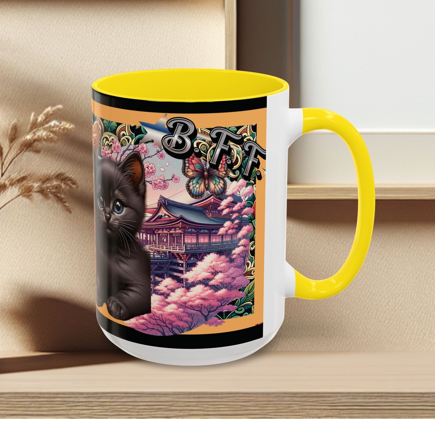 Mug - 3 B F F kittens and Butterflies Coffee Mug with Cherry Blossoms