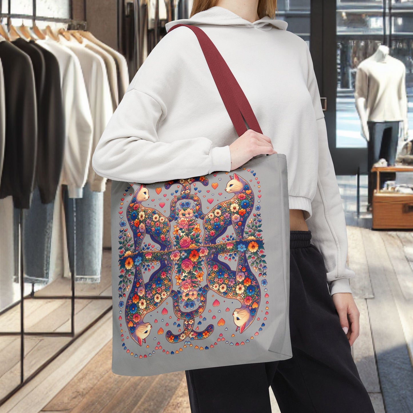 Mosaic Loving Cat Light Gray Tote Bag (AOP)