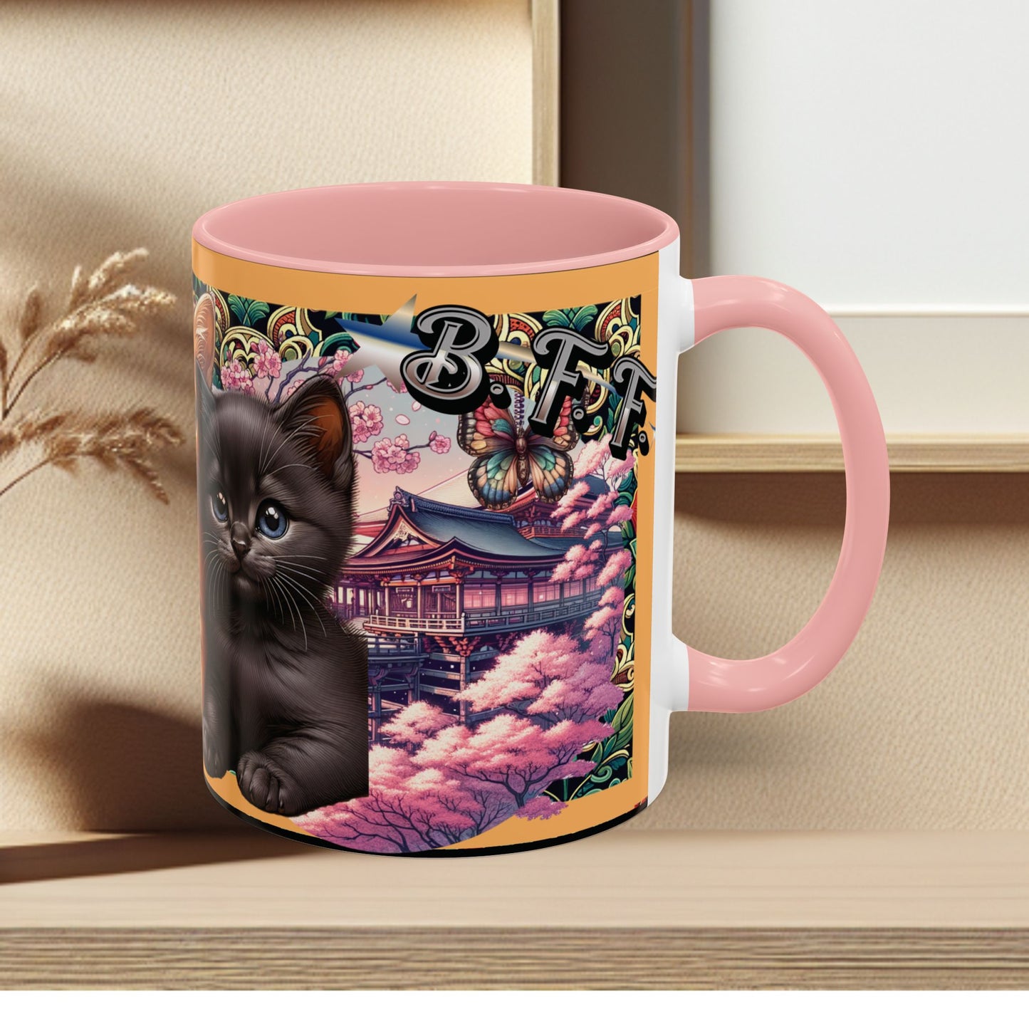 Mug - 3 B F F kittens and Butterflies Coffee Mug with Cherry Blossoms