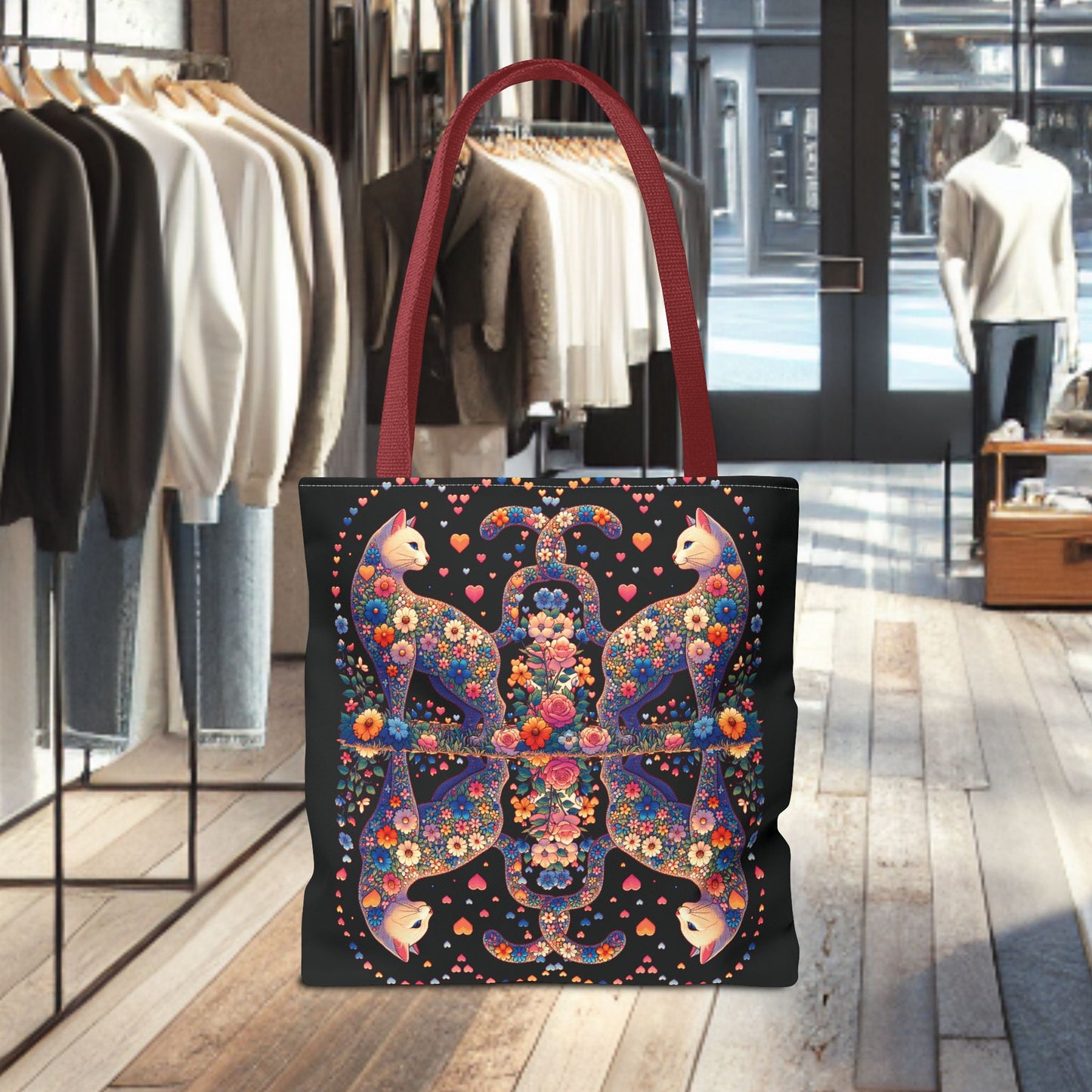 Mosaic Loving Cat Black Tote Bag (AOP)