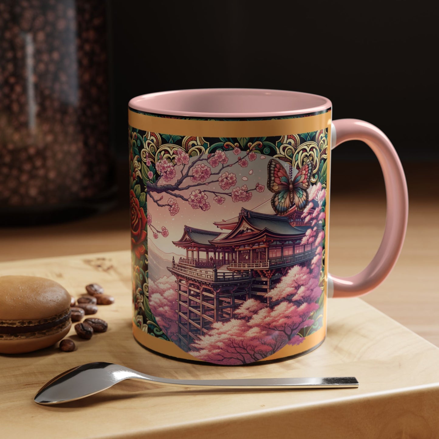 Mug - Sakura Butterfly Coffee Mug with Cherry Blossoms and a Rose