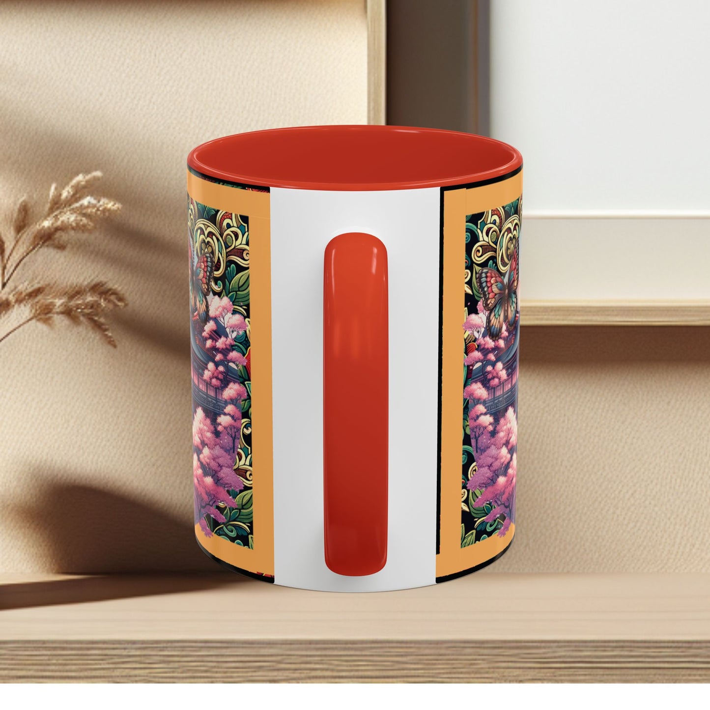 Mug - Sakura Butterfly Coffee Mug with Cherry Blossoms and a Rose