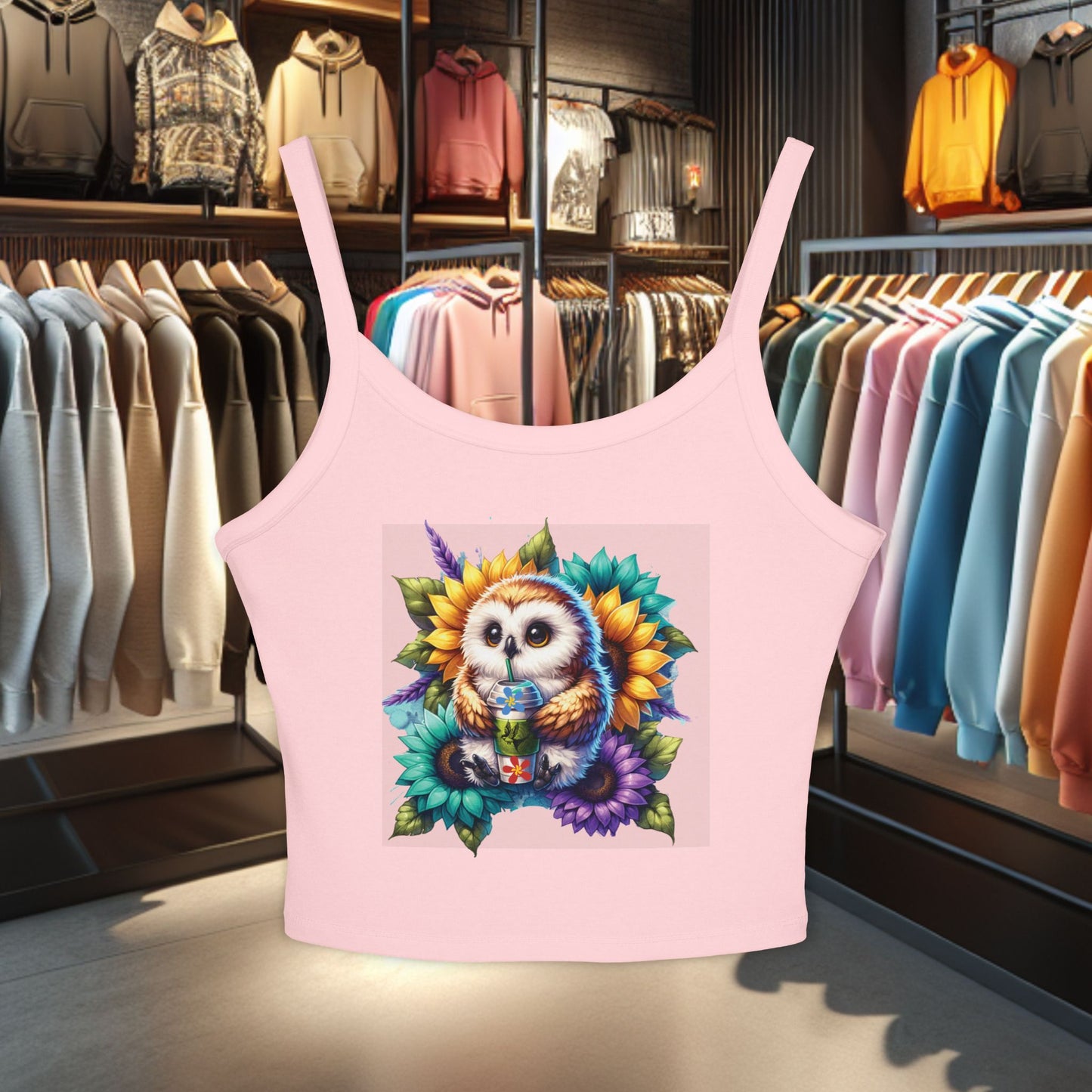 Owl With a Water Bottle Floral Tank Top - Women's Spaghetti Strap