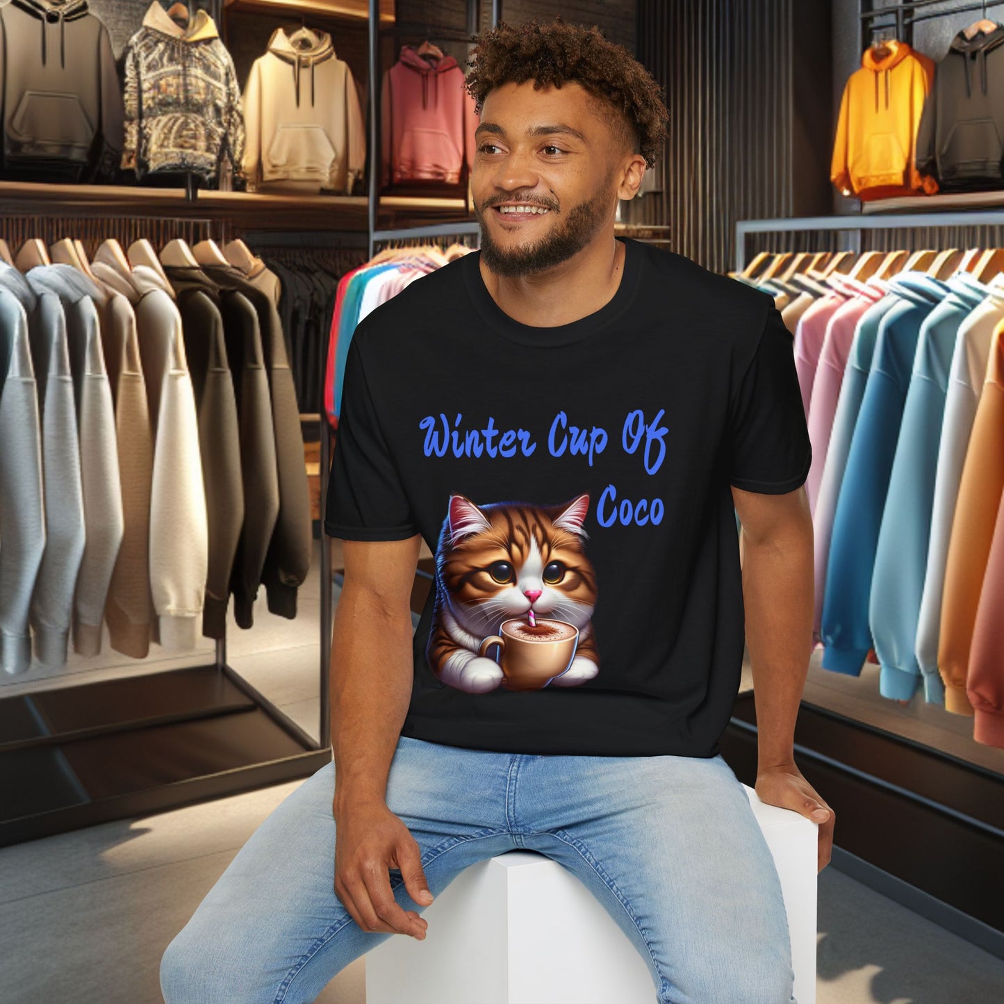 a Cat Sipping on a Cup Of Coco Unisex T-Shirt - Winter Coco