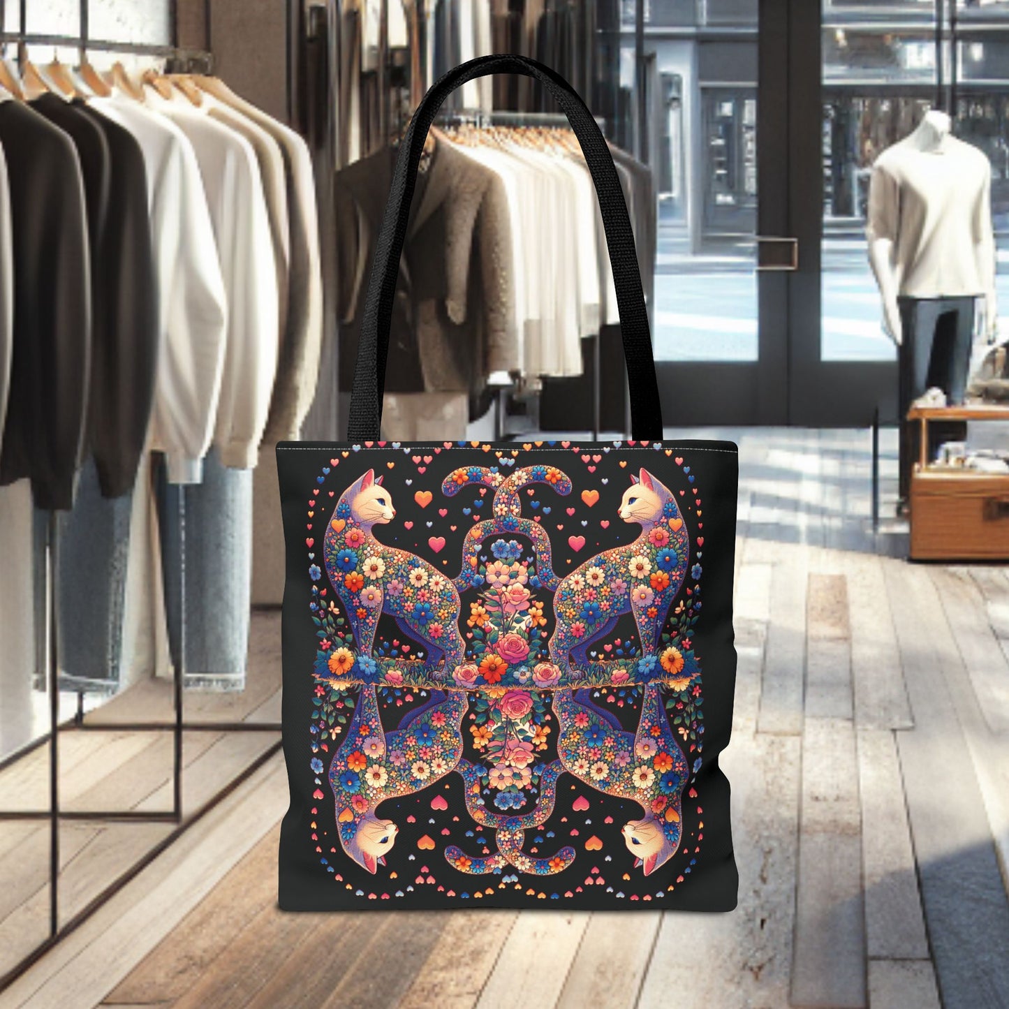 Mosaic Loving Cat Black Tote Bag (AOP)