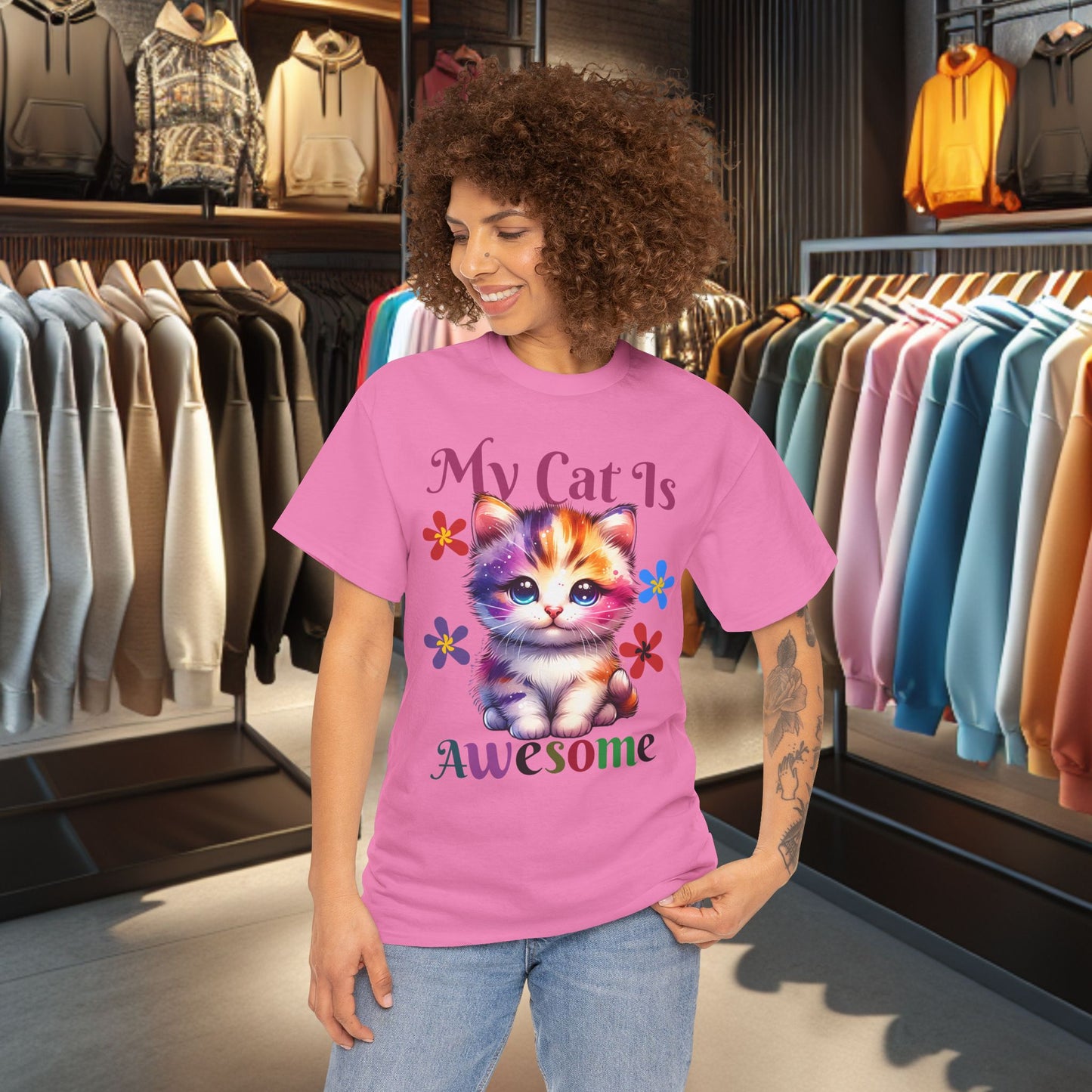 Awesome Cat Heavy Cotton Tee | Cat Lover Gift | Colorful Fun Shirt | Cute Animal Apparel | Perfect for Birthdays & Pet Lovers