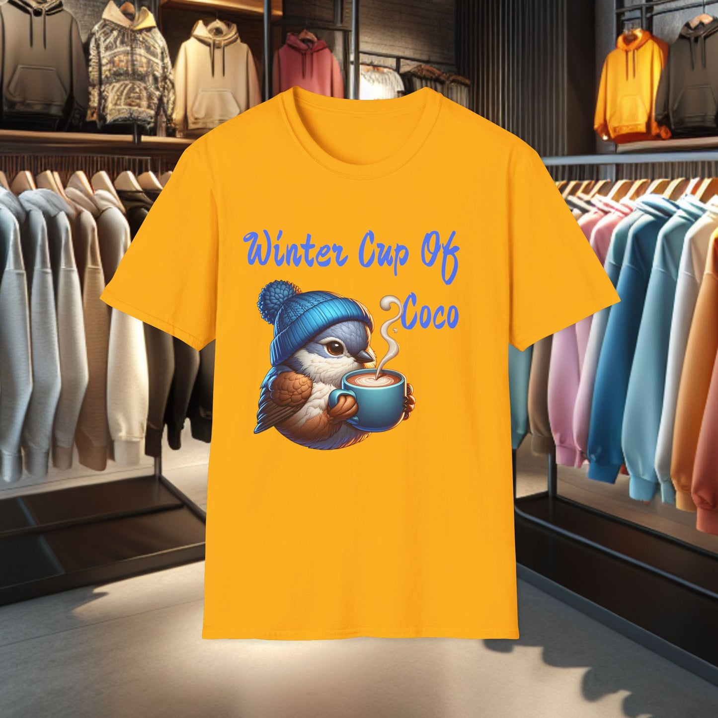 Blue Bird With a Cup Of Coco Unisex T-Shirt - Winter Coco