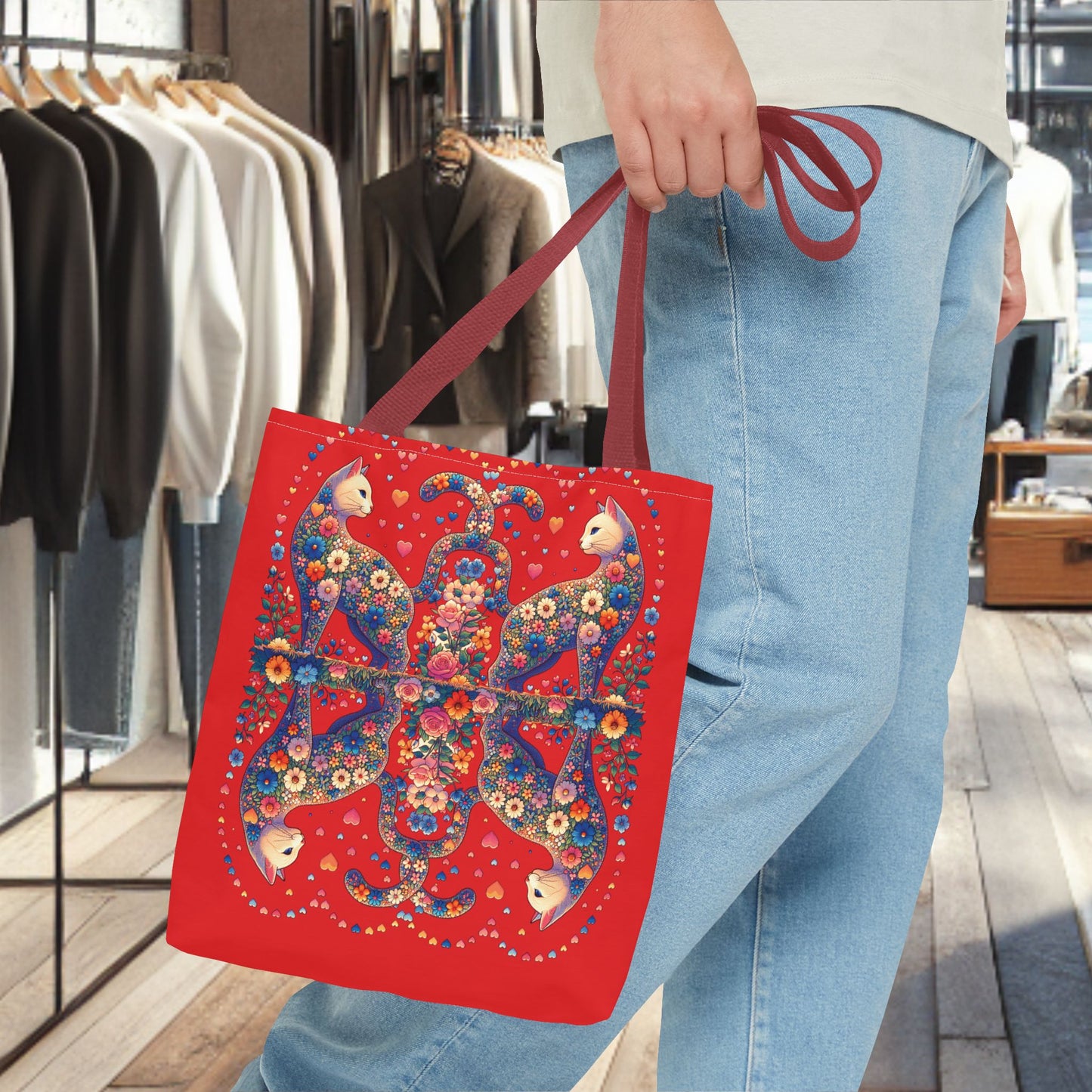 Loving Cat Flower Mozaic Tote Bag Dark Red