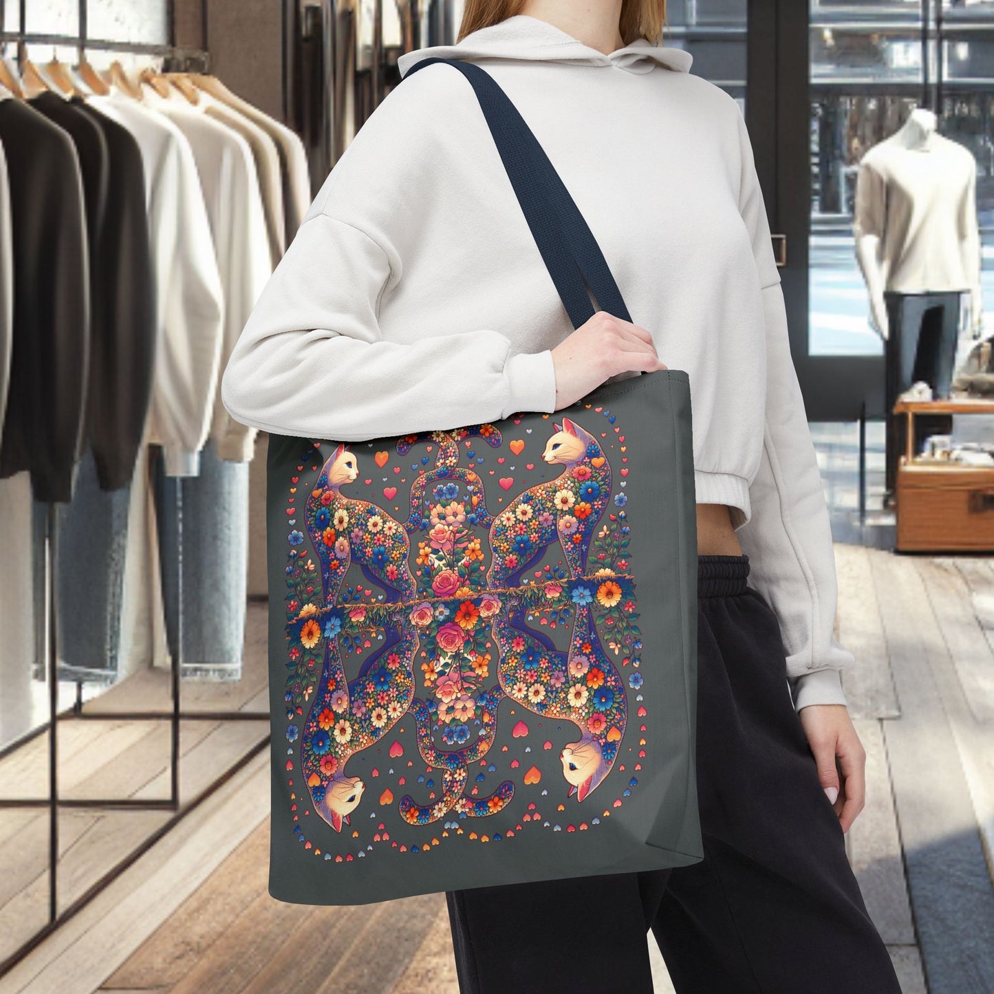 Mosaic Loving Cat Dark Gray Tote Bag (AOP)