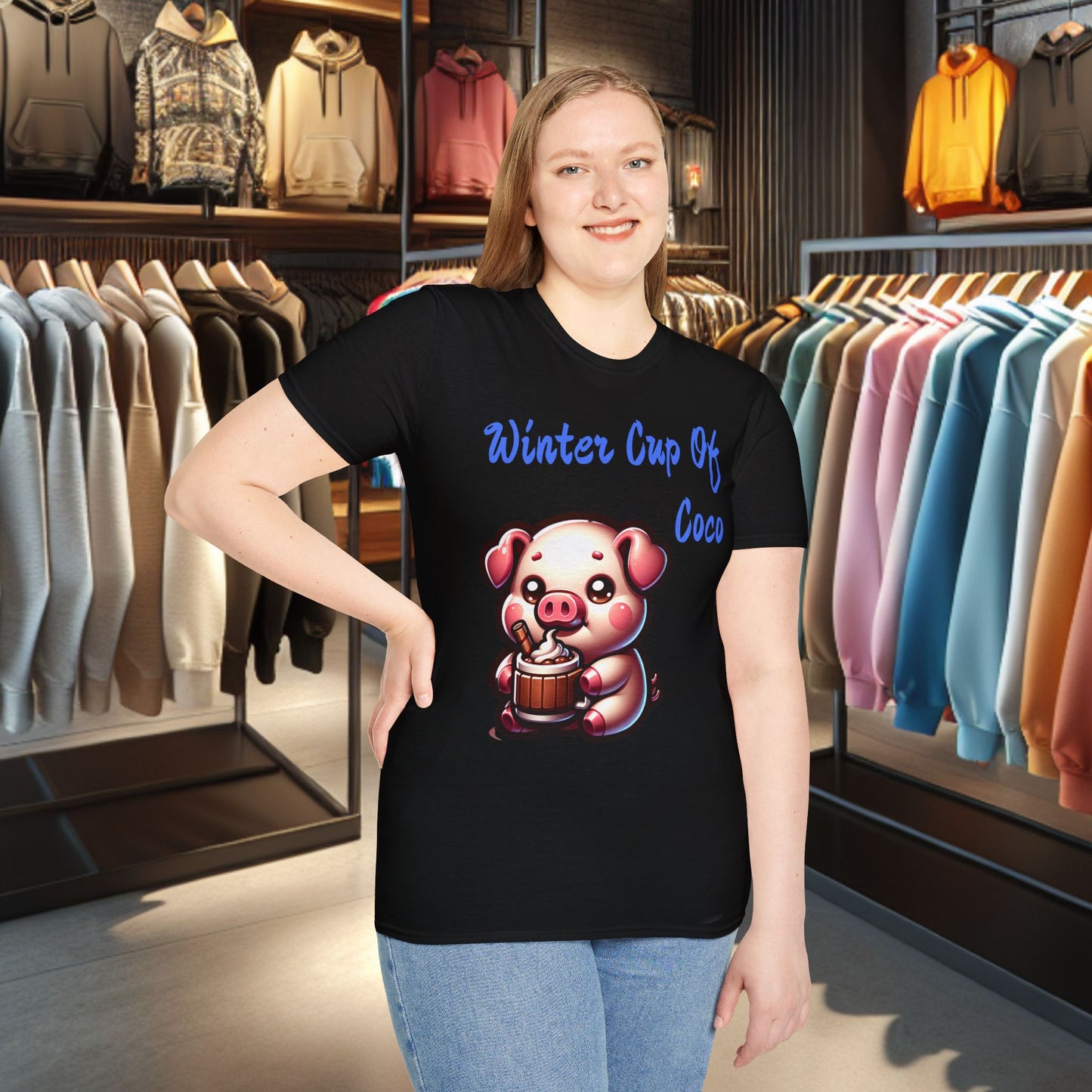 Pig Sipping on a Cup Of Coco Unisex T-Shirt - Winter Coco