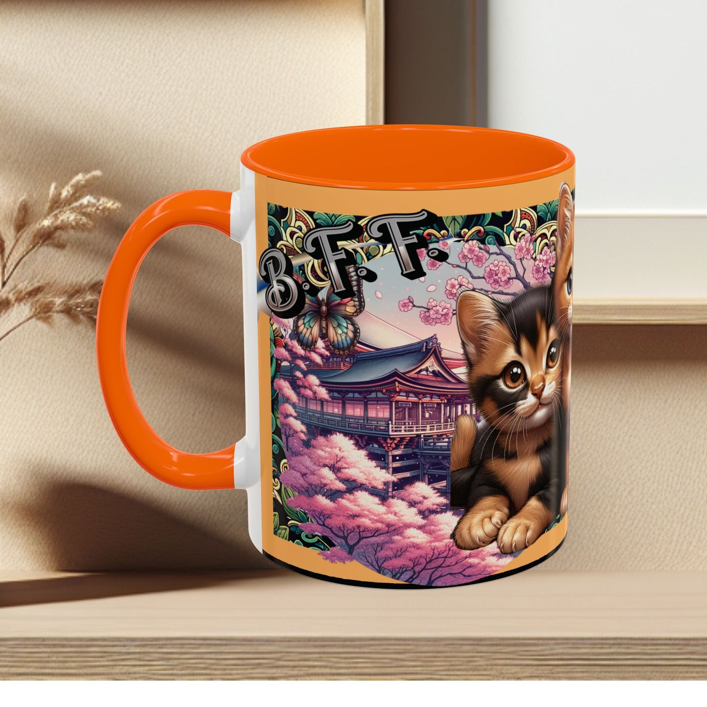 Mug - 3 B F F kittens and Butterflies Coffee Mug with Cherry Blossoms
