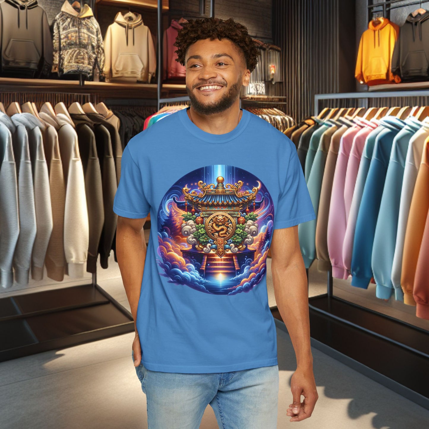 A Vibrant Mistic Temple Design -Unisex Garment-Dyed T-Shirt Perfect for Festivals & Everyday Wear