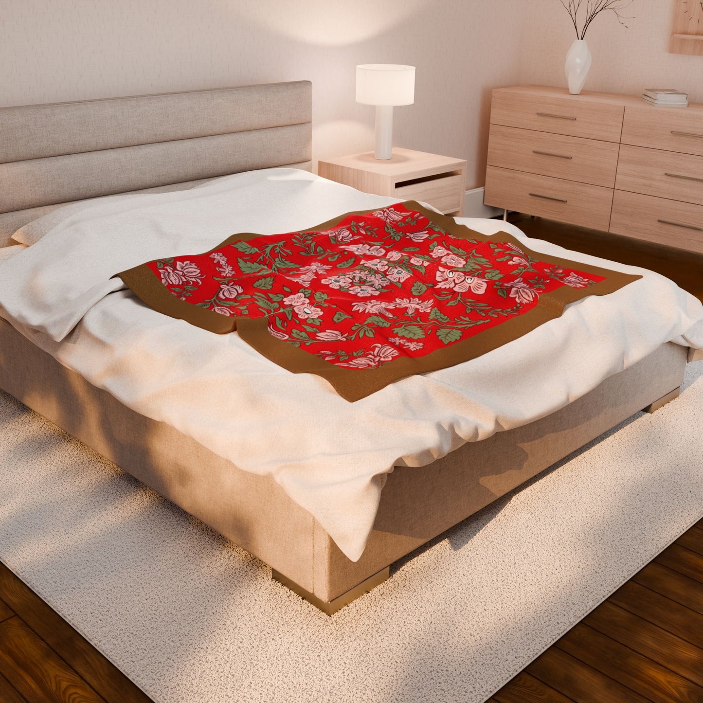 Floral Velveteen Plush Blanket - Pink Flowers Red Background