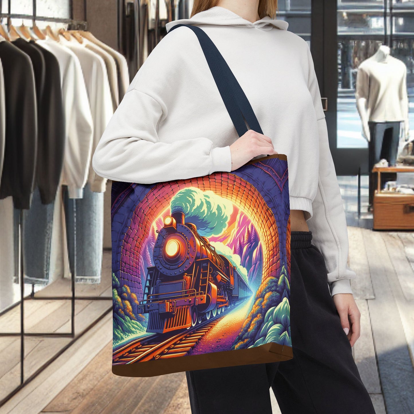 Steam Locomotive Tote Bag (AOP)- Vintage Train Tunnel Design