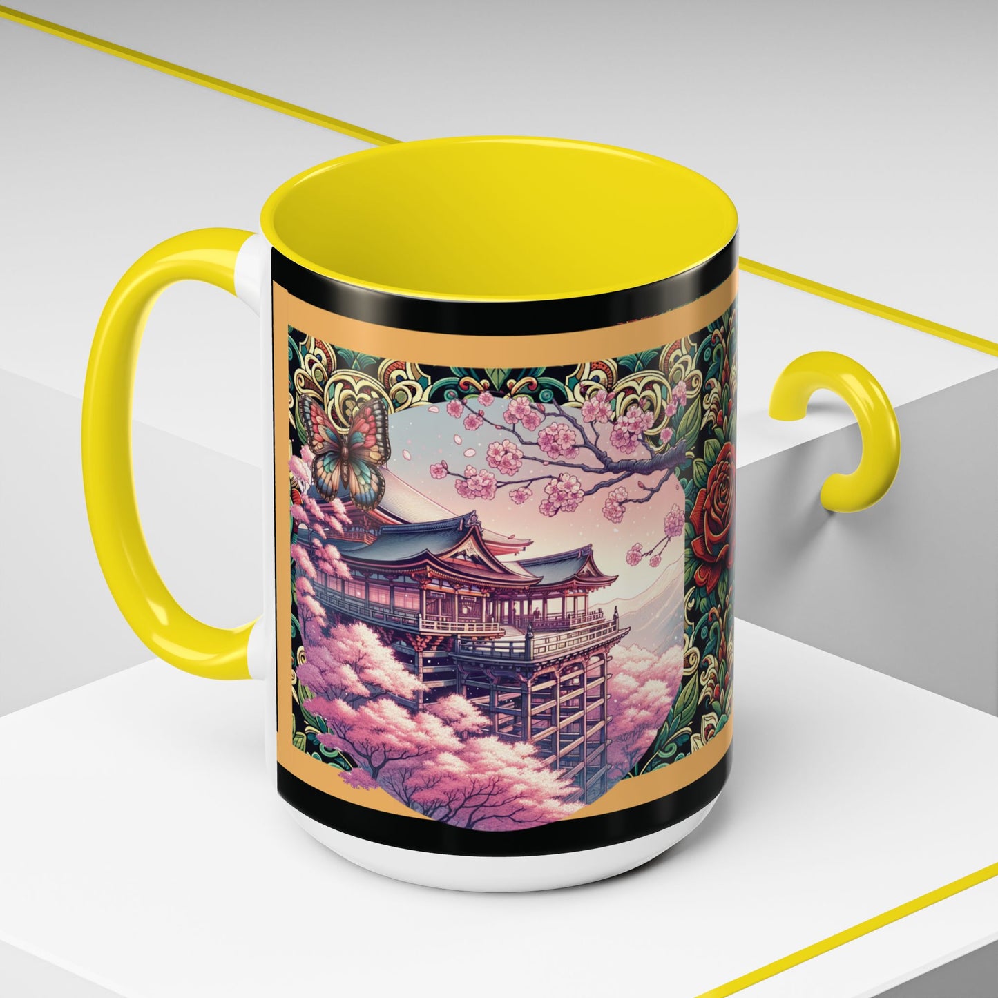 Mug - Sakura Butterfly Coffee Mug with Cherry Blossoms and a Rose