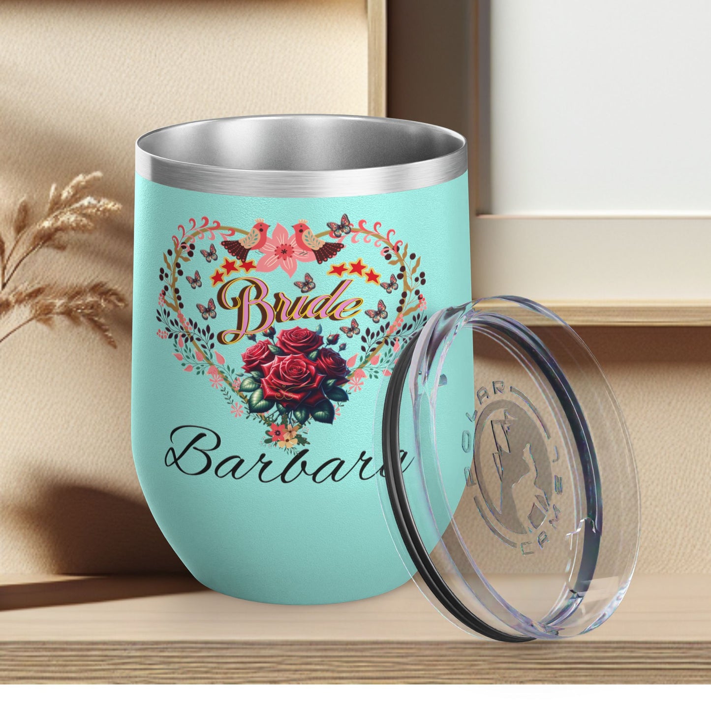 Personalized Bride's Heart Floral Wine 12oz Tumbler