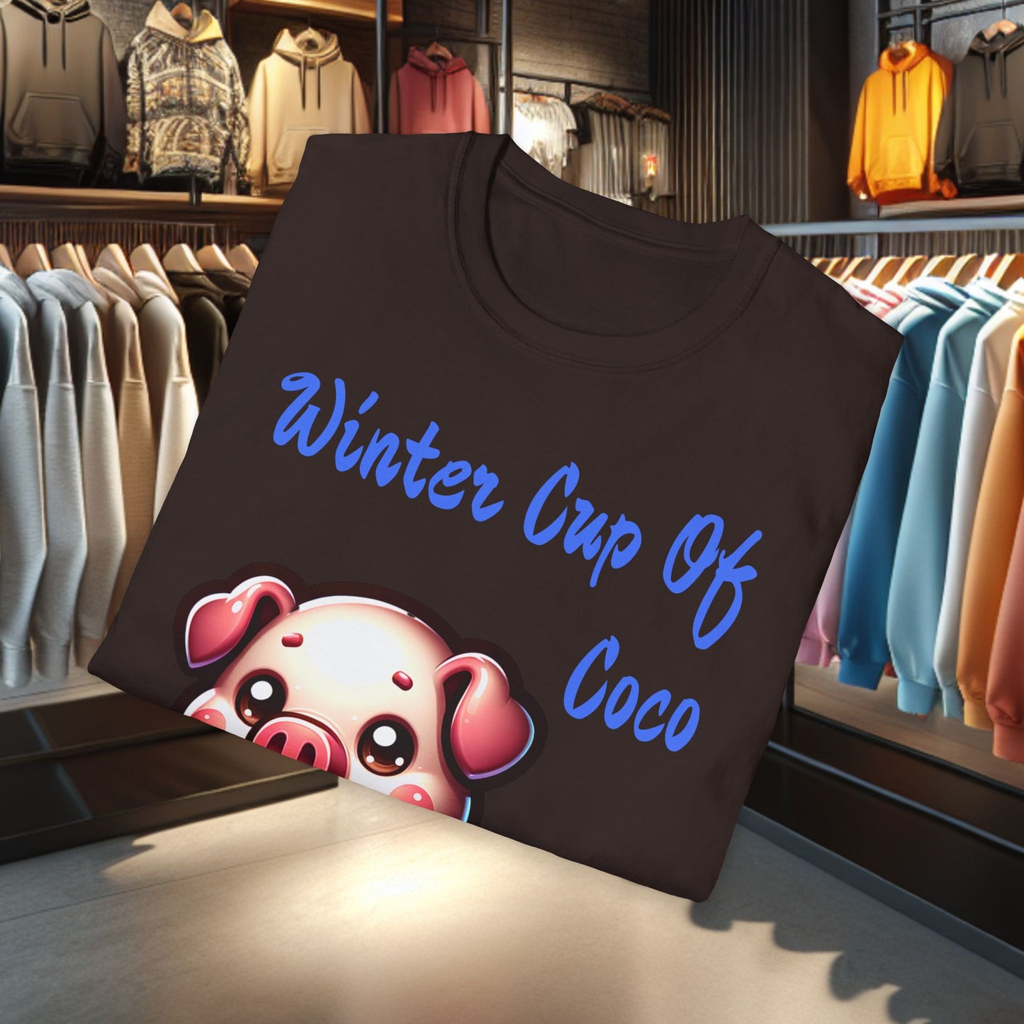 Pig Sipping on a Cup Of Coco Unisex T-Shirt - Winter Coco
