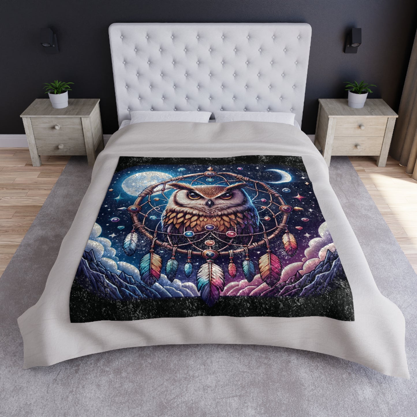 Owl Dreamcatcher Crushed Velvet Blanket — Moonlit Boho Throw