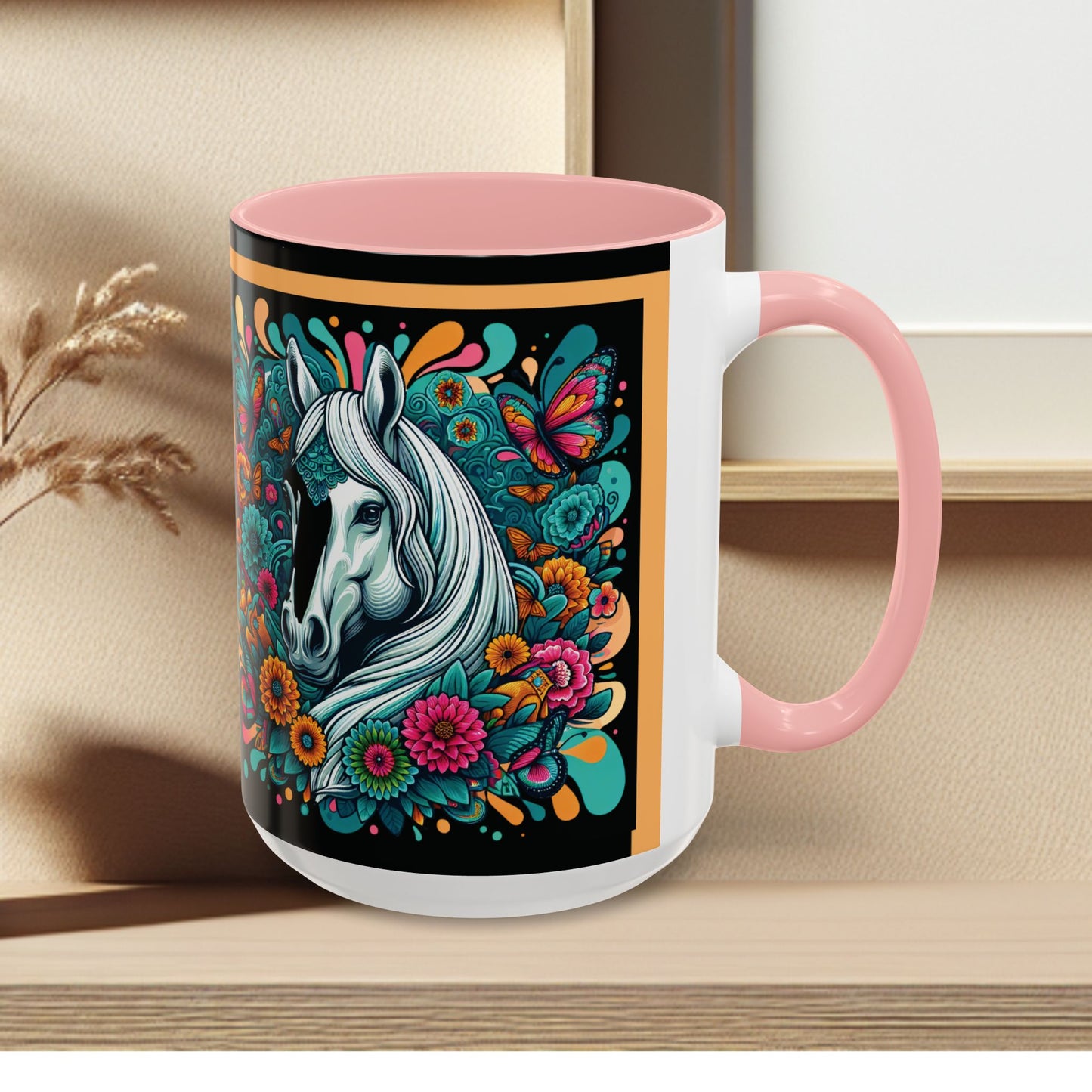 Coffee Mug White Horses with Blue Highlights in Flowers - Mug