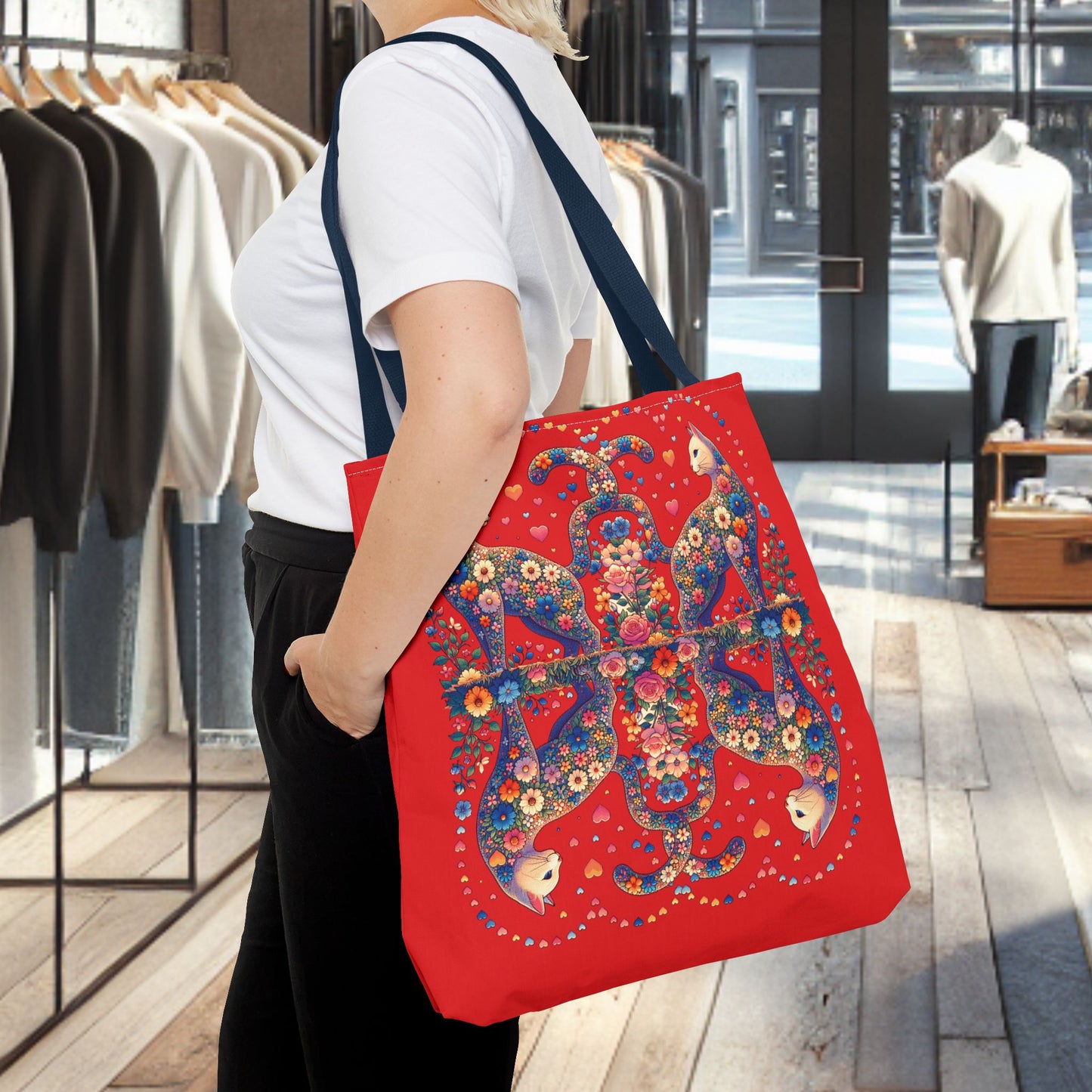 Loving Cat Flower Mozaic Tote Bag Dark Red