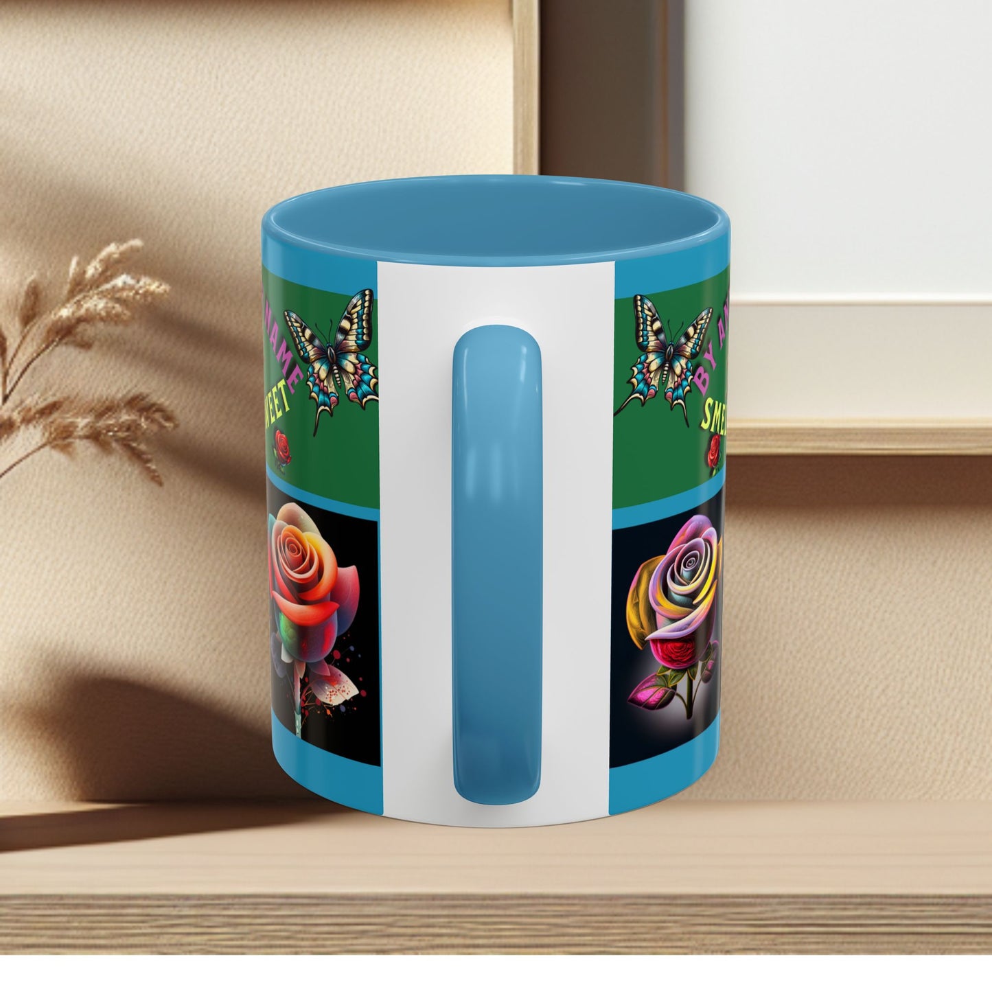 Blue Mug - Floral Butterfly Accent Coffee Mug - 'By Any Other Name A Rose Smells So Sweet'