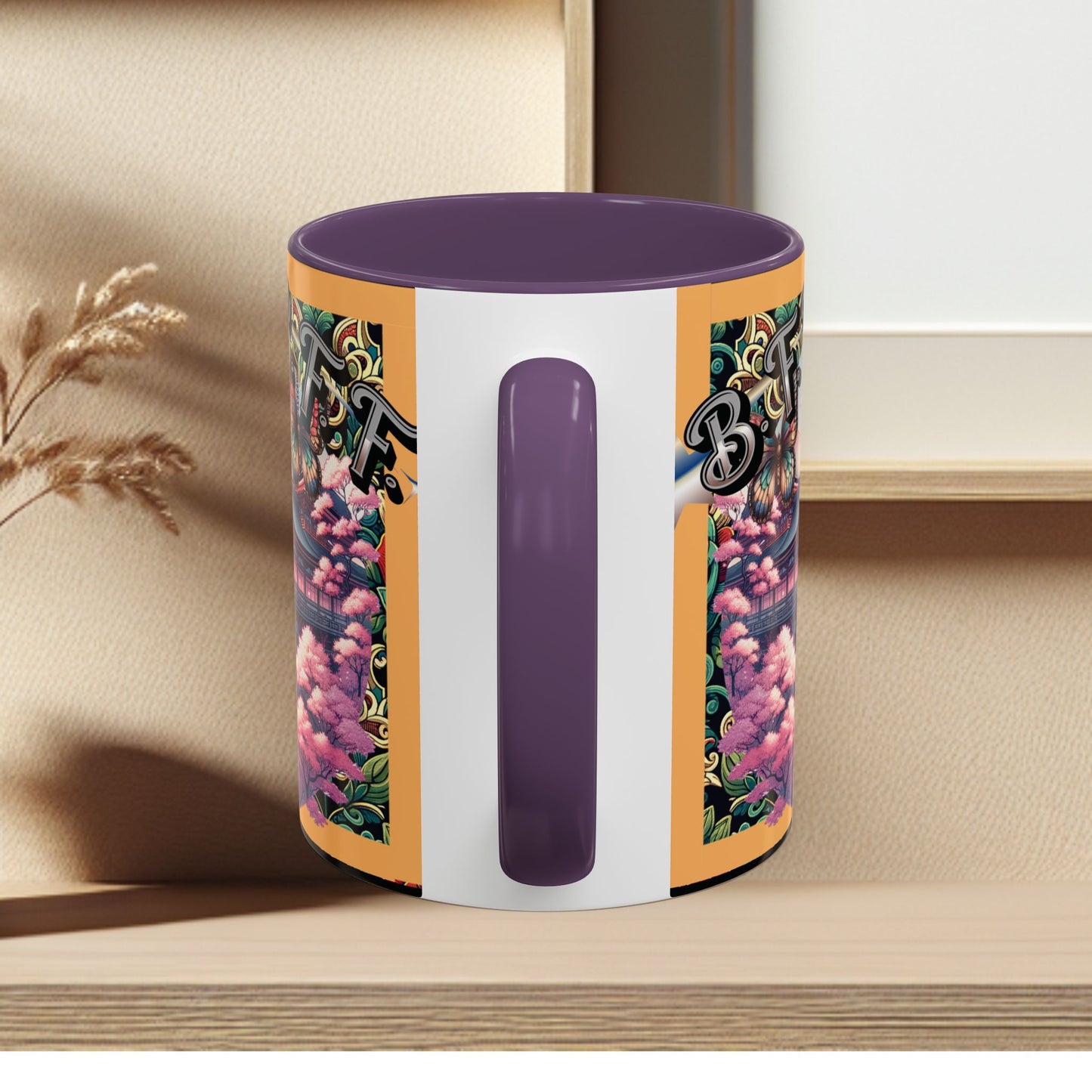 Mug - 3 B F F kittens and Butterflies Coffee Mug with Cherry Blossoms