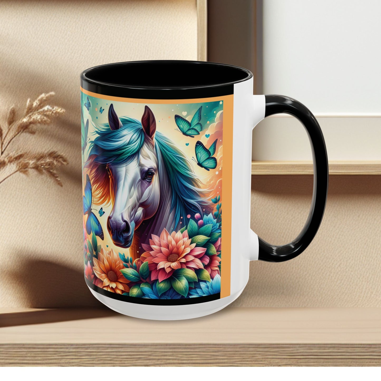 Coffee Mug Horses, Flowers, and Butterflies Mug
