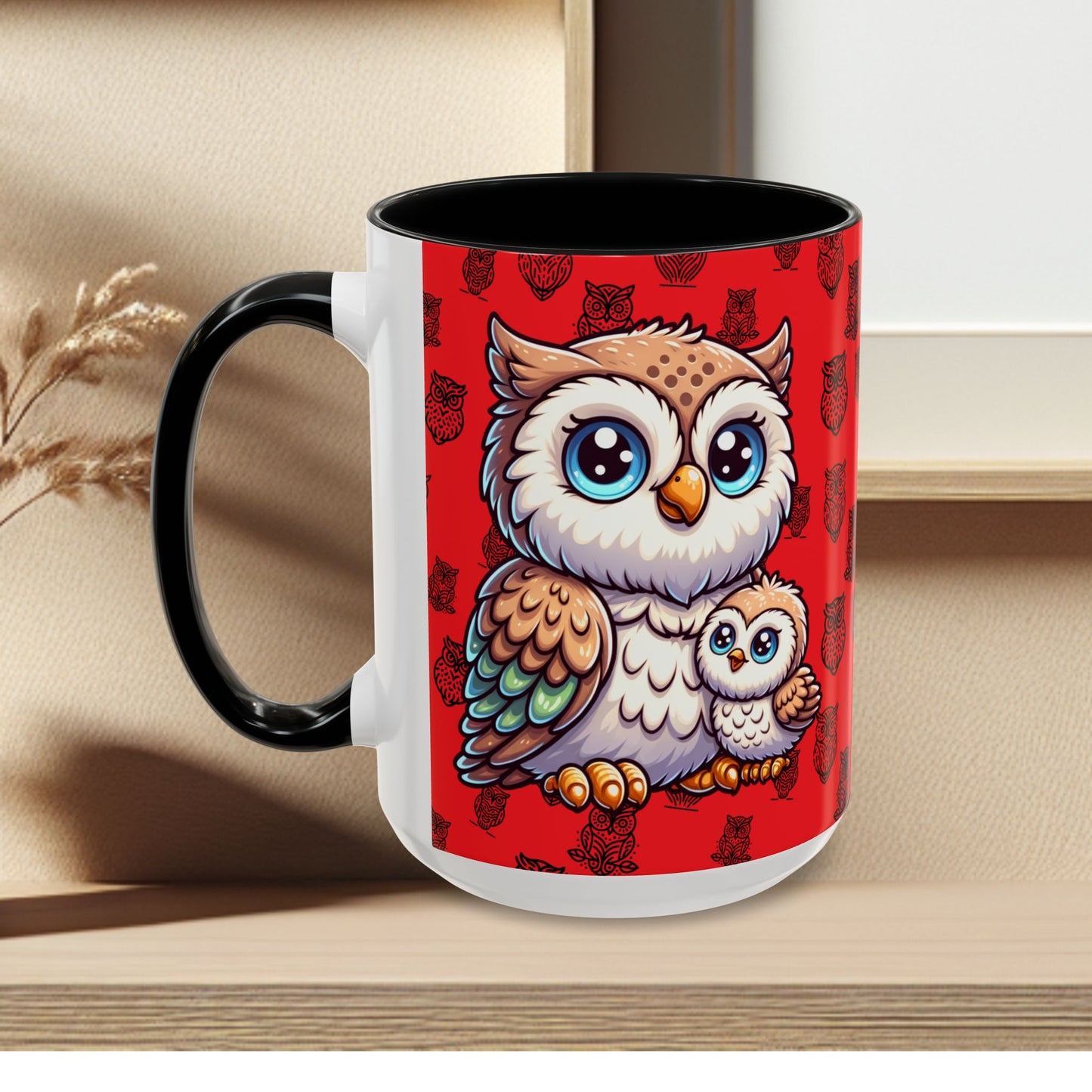 Red Coffee Mug - Owl Family - Colorful Inspirational Owl Design