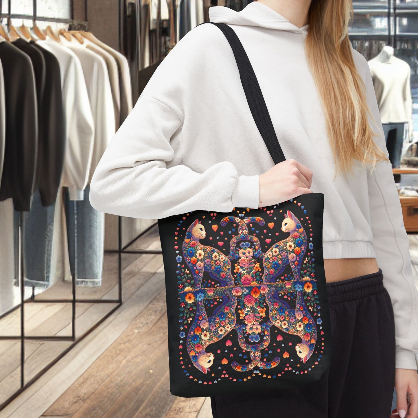 Mosaic Loving Cat Black Tote Bag (AOP)