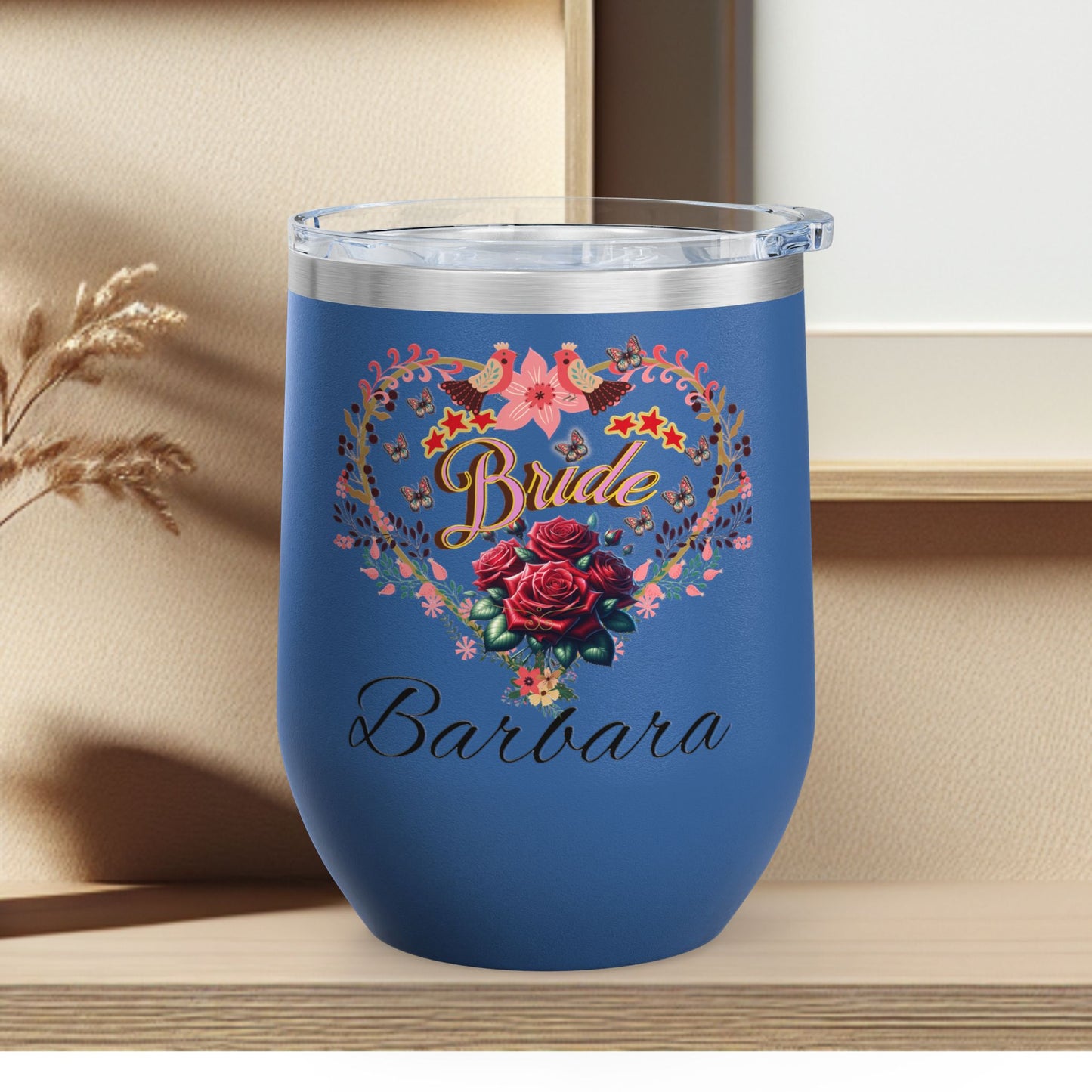 Personalized Bride's Heart Floral Wine 12oz Tumbler