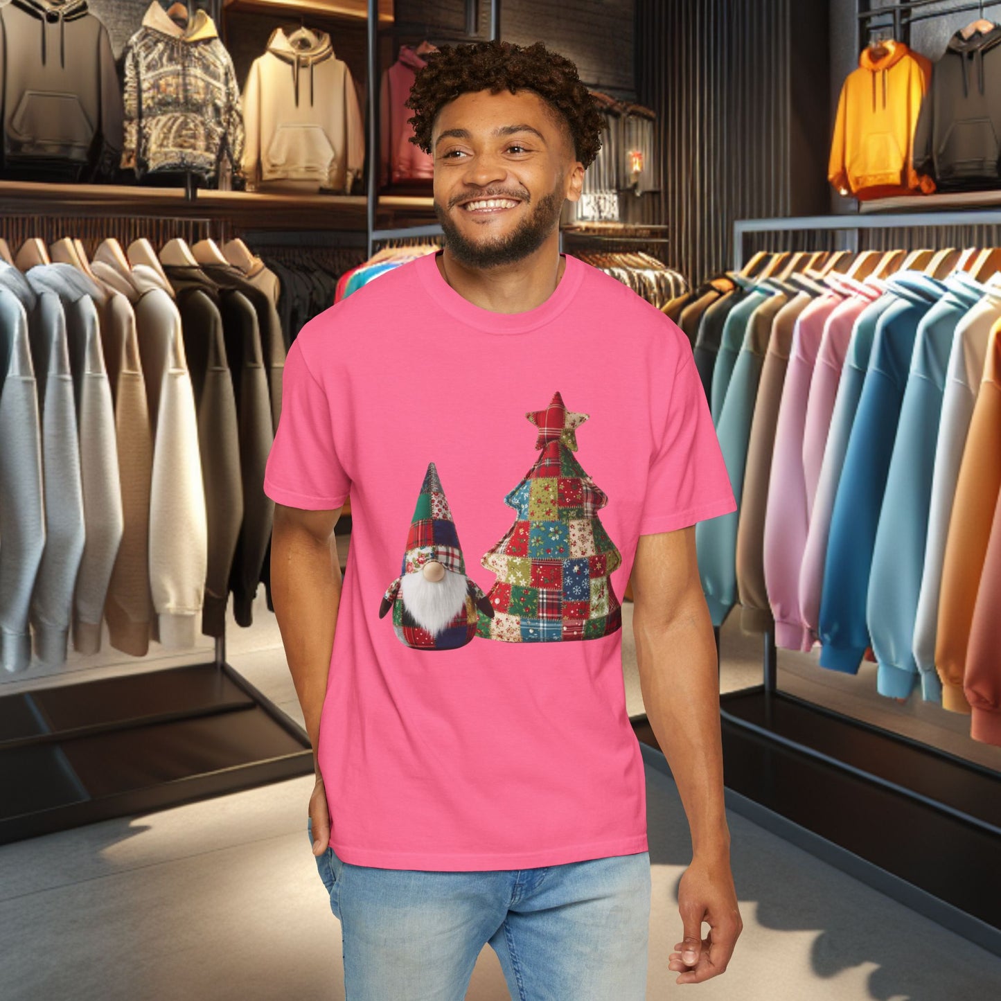 Patchwork Gnome and Christmas Tree, Garment-Dyed T-Shirt — pho Patchwork Festive Top