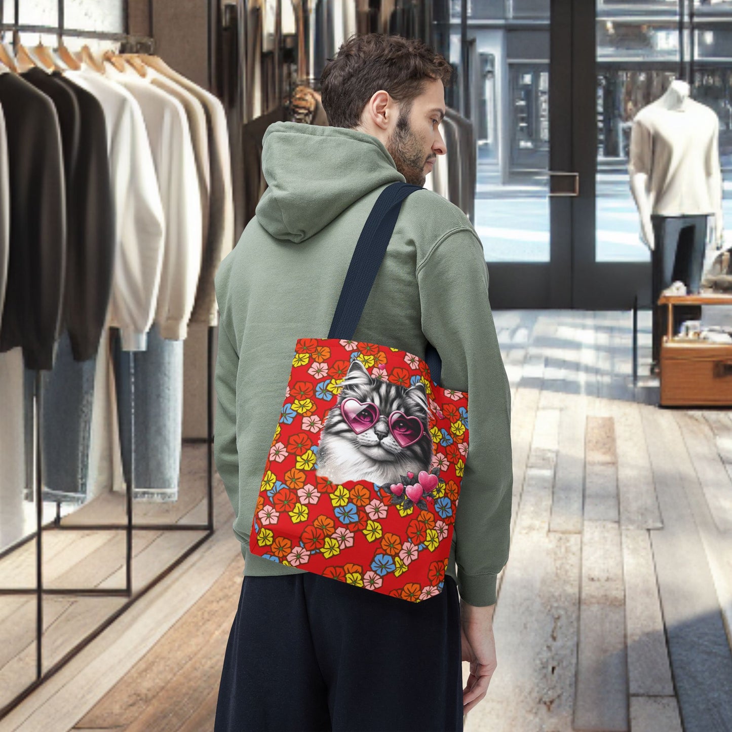 Kitty Ride Tote Bag with Flowered Red Design