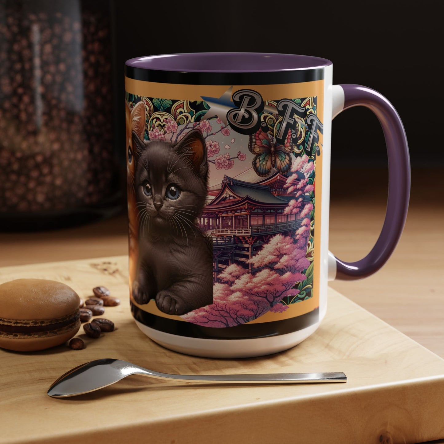 Mug - 3 B F F kittens and Butterflies Coffee Mug with Cherry Blossoms