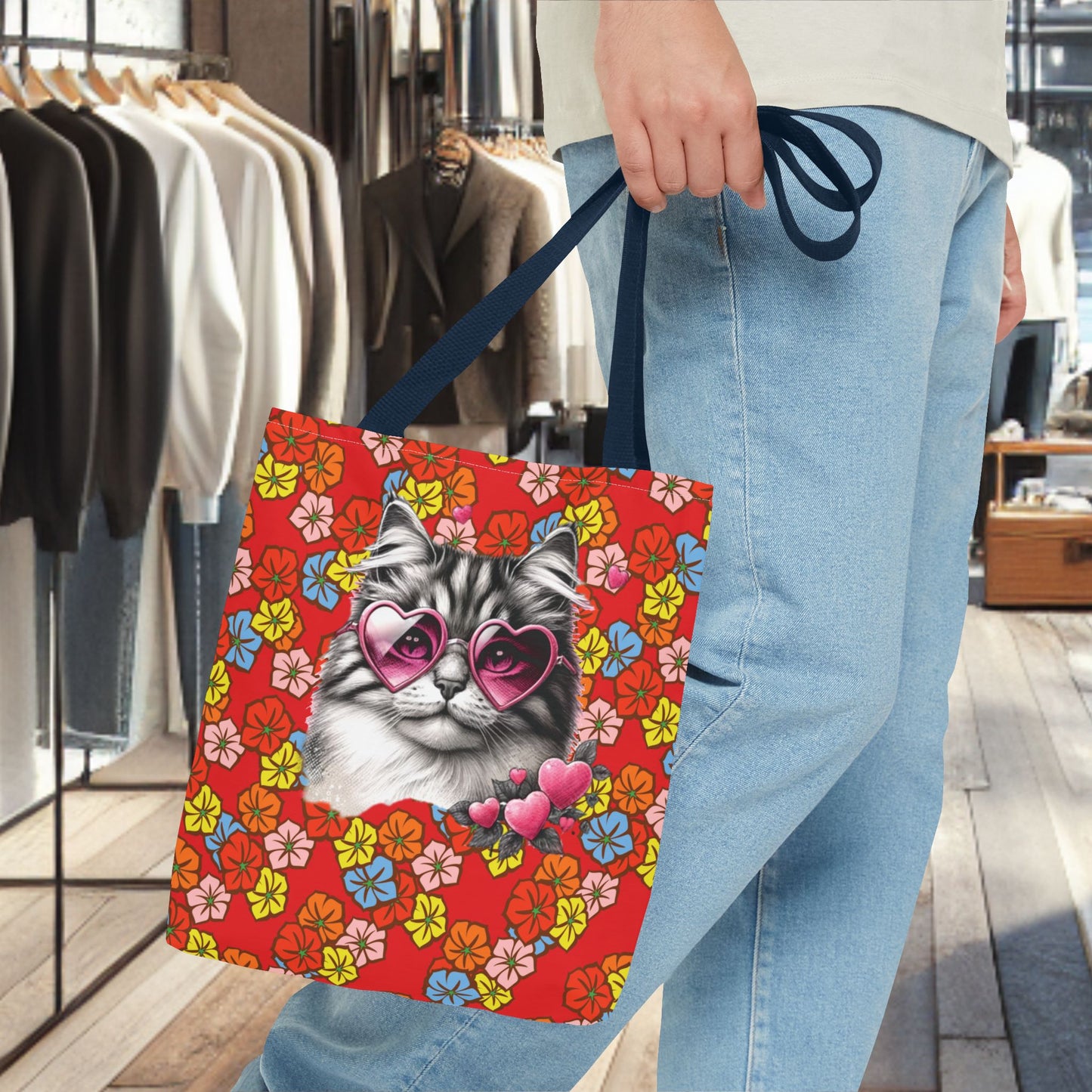 Kitty Ride Tote Bag with Flowered Red Design