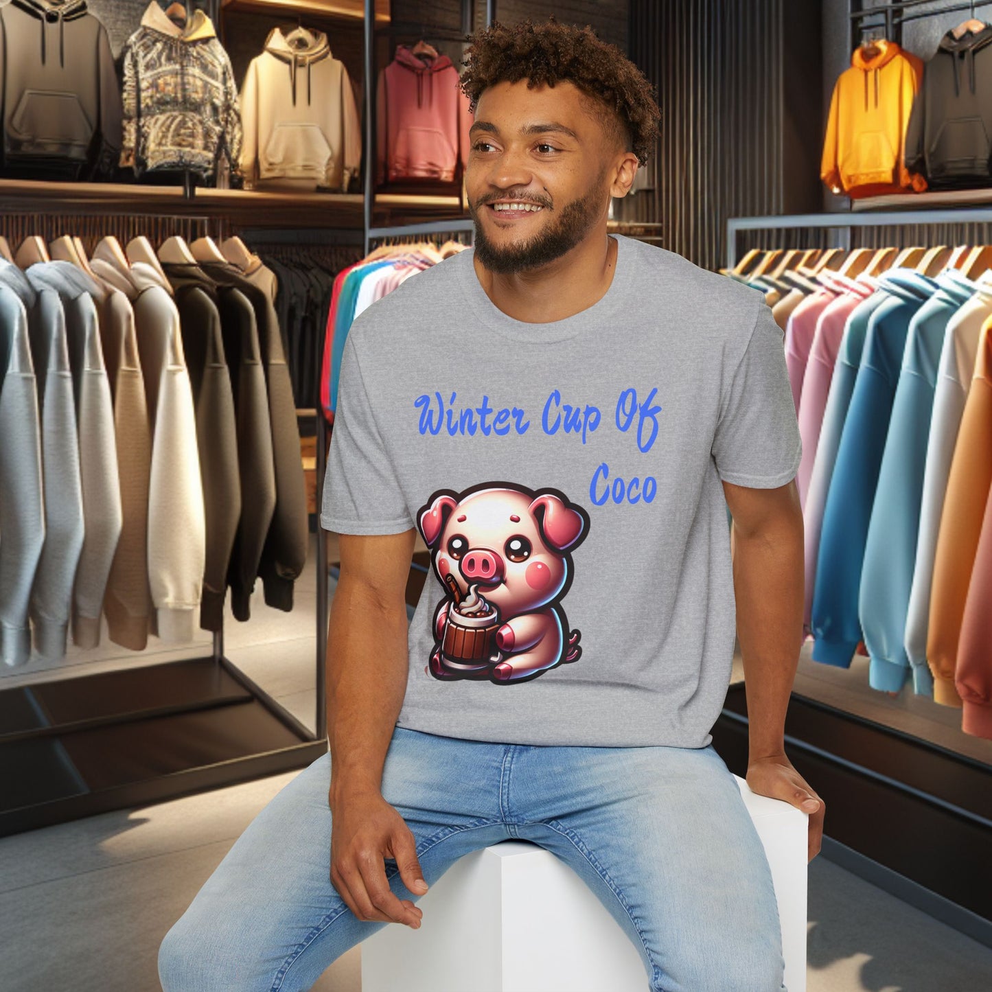Pig Sipping on a Cup Of Coco Unisex T-Shirt - Winter Coco