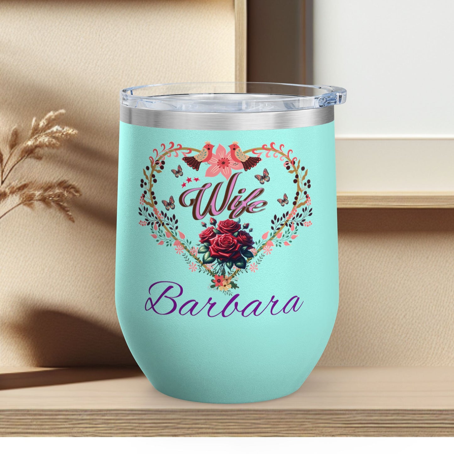 Personalized Wife’s Wine Tumbler - 12oz Floral Heart Design