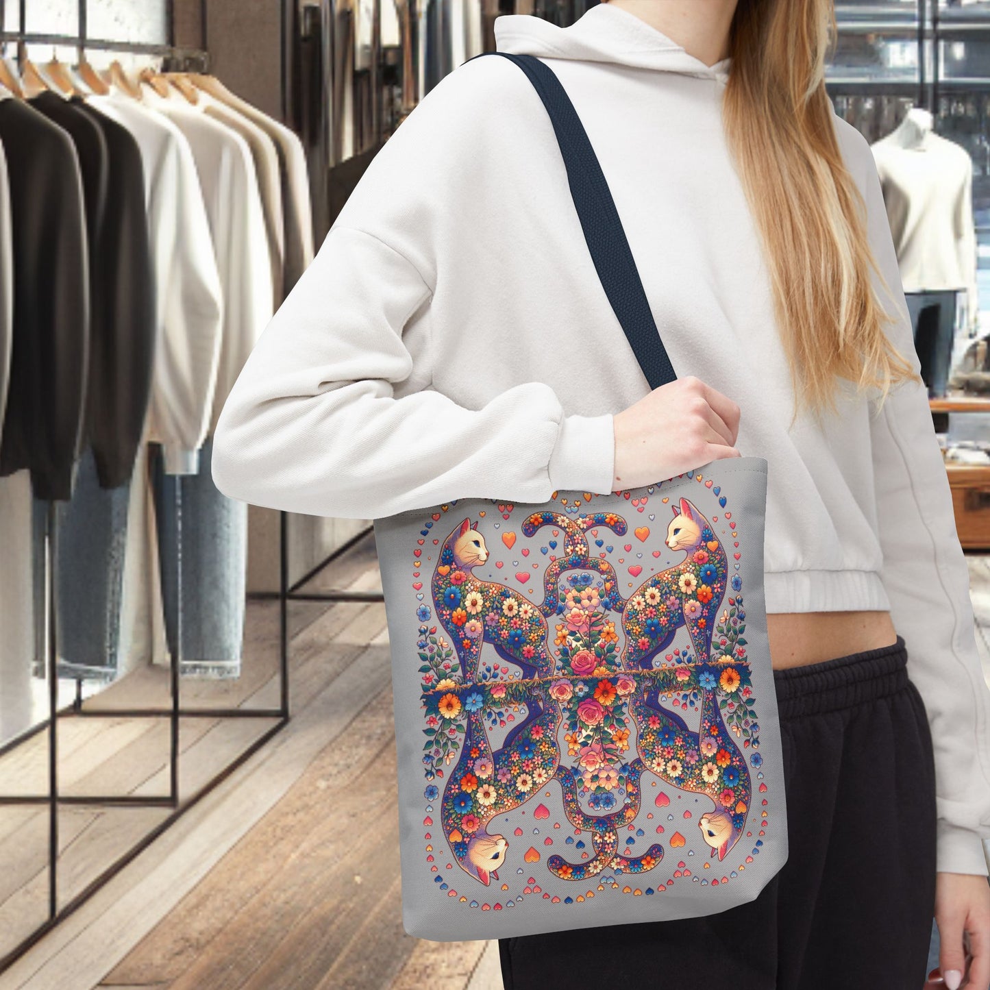 Mosaic Loving Cat Light Gray Tote Bag (AOP)