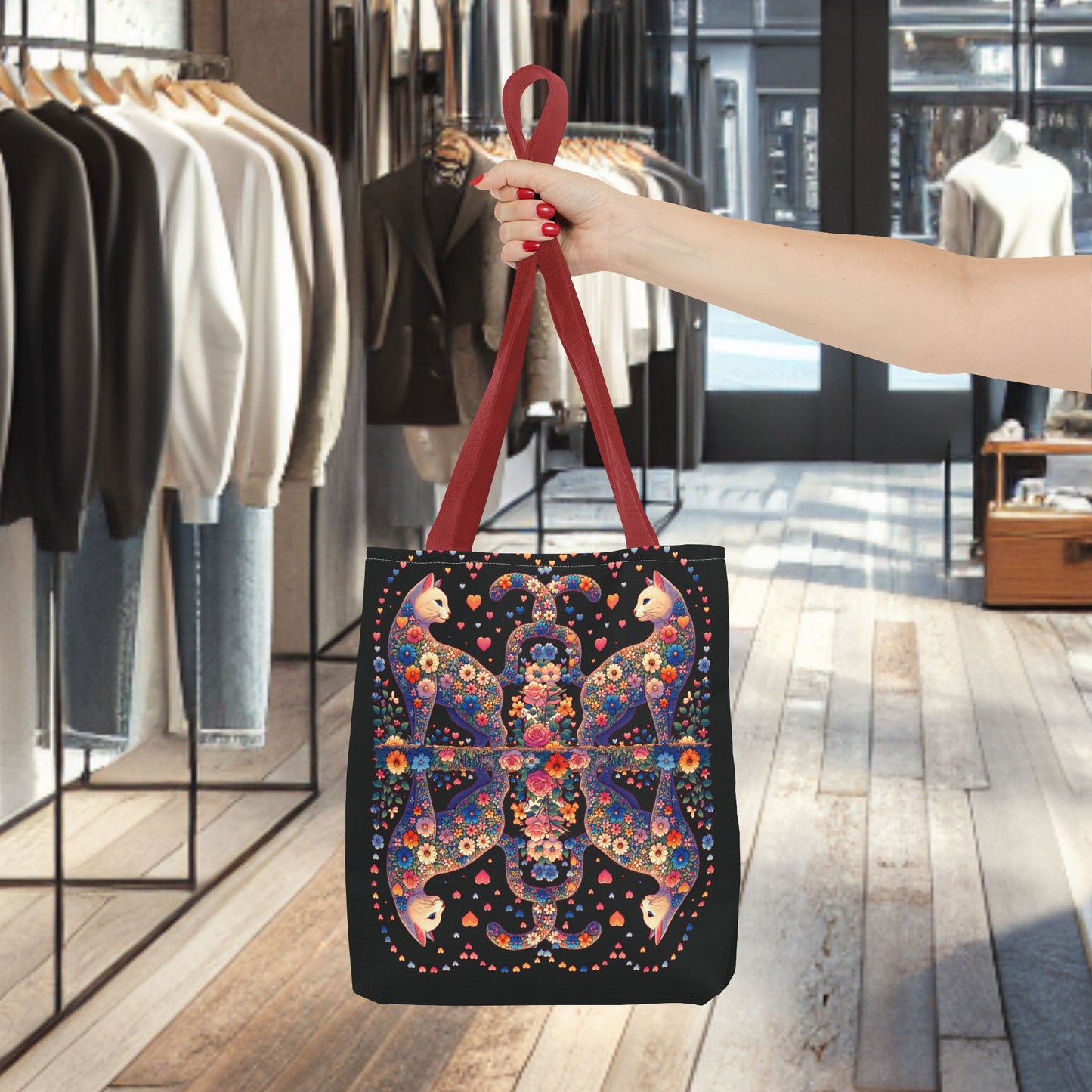 Mosaic Loving Cat Black Tote Bag (AOP)