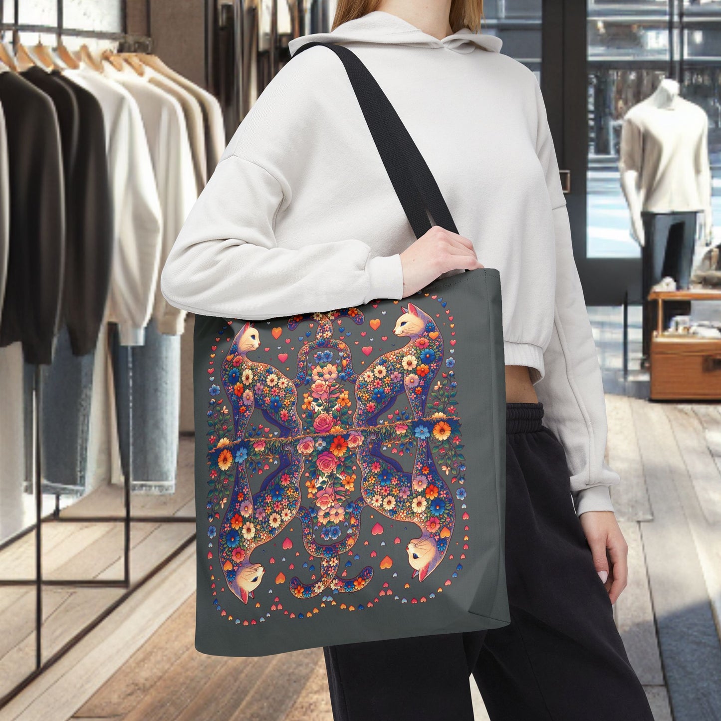 Mosaic Loving Cat Dark Gray Tote Bag (AOP)