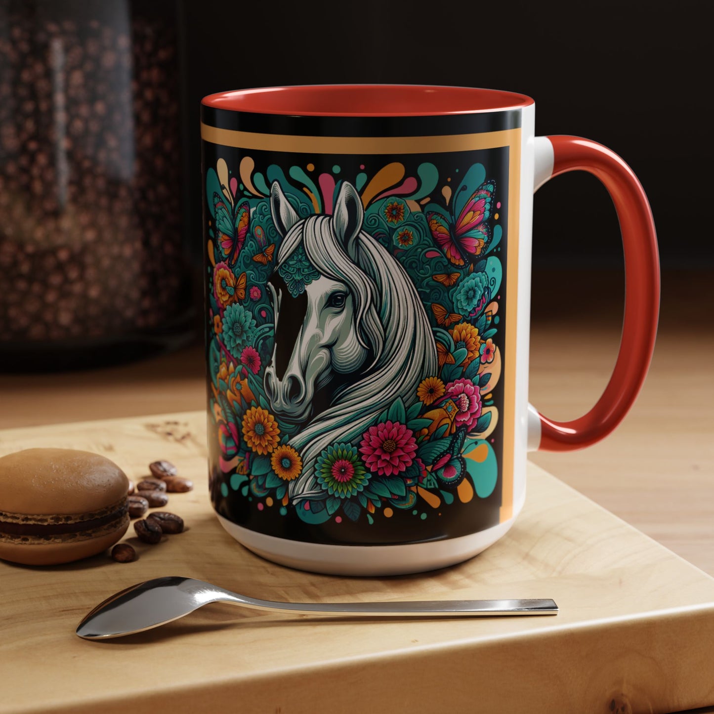 Coffee Mug White Horses with Blue Highlights in Flowers - Mug