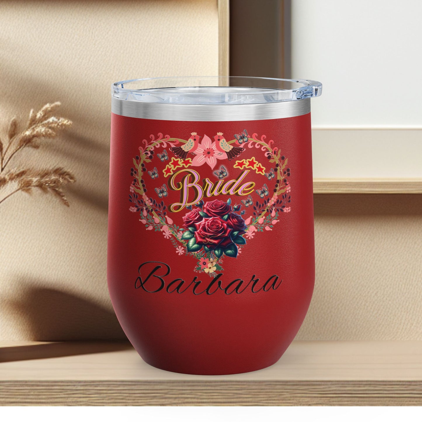 Personalized Bride's Heart Floral Wine 12oz Tumbler