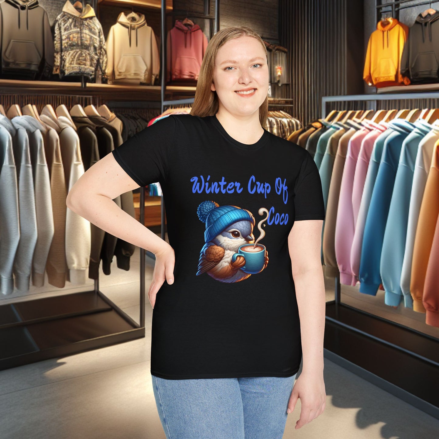 Blue Bird With a Cup Of Coco Unisex T-Shirt - Winter Coco